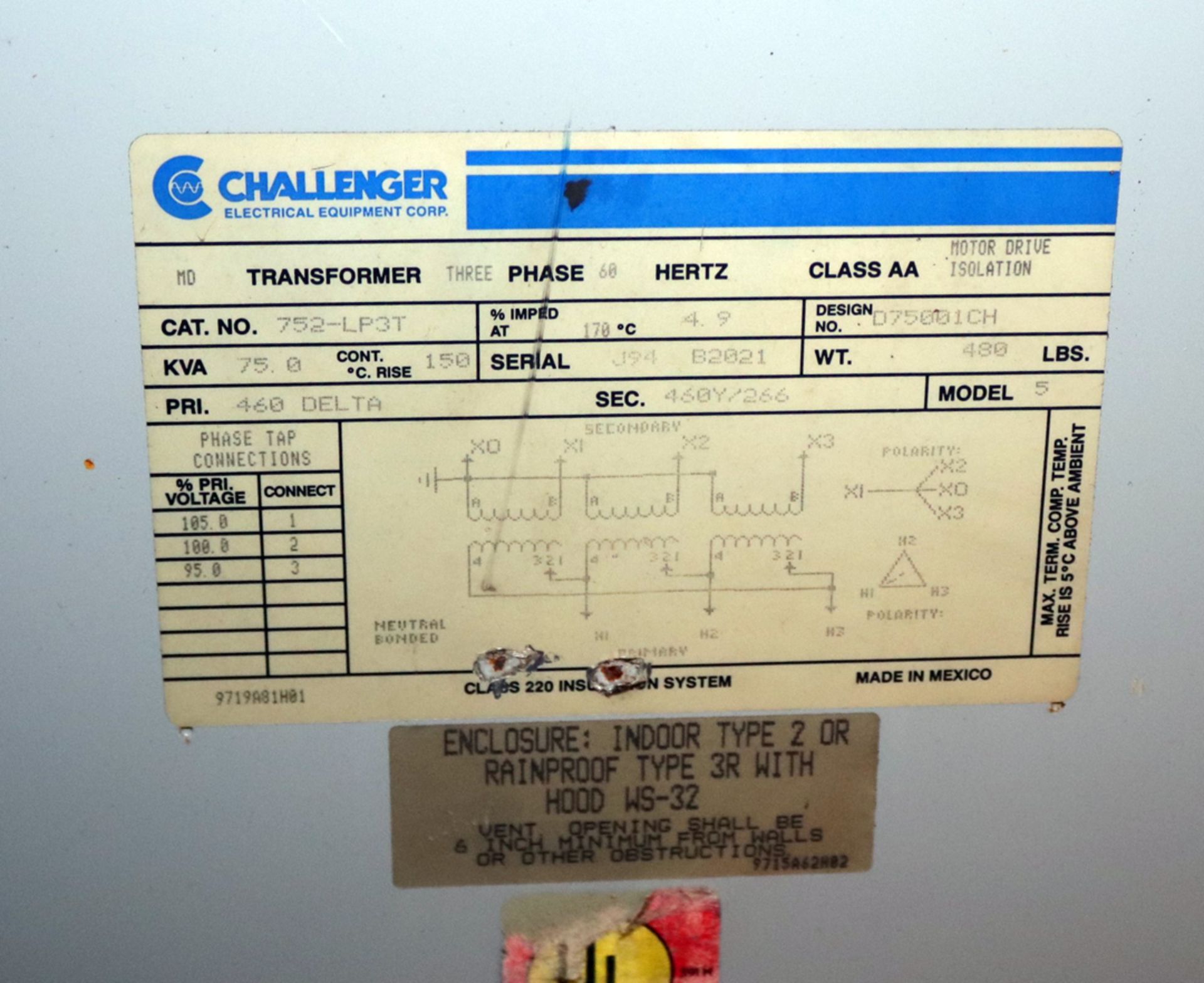 CHALLENGER 75KVA 3PH 460 TO 460266 TRANSFORMER - Image 3 of 3