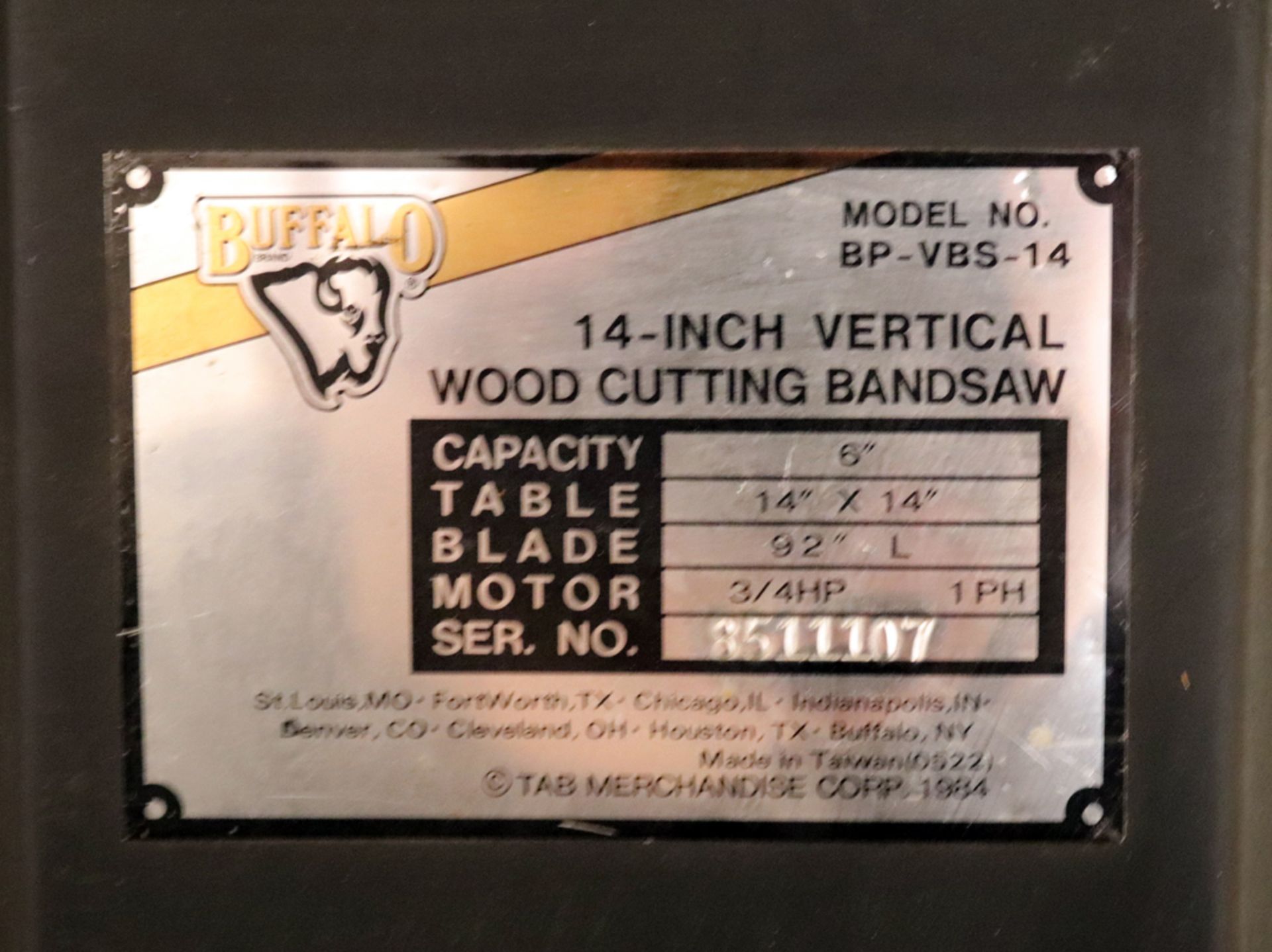 BUFFALO 14" VERTICAL WOOD CUTTING BANDSAW - Image 2 of 3