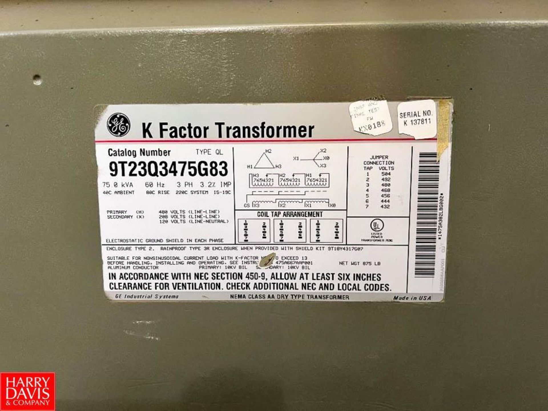 General Electric K Factor Transformer, Catalog Number: 9T23Q3475G83 (Location: Faribault, MN) - Image 2 of 2