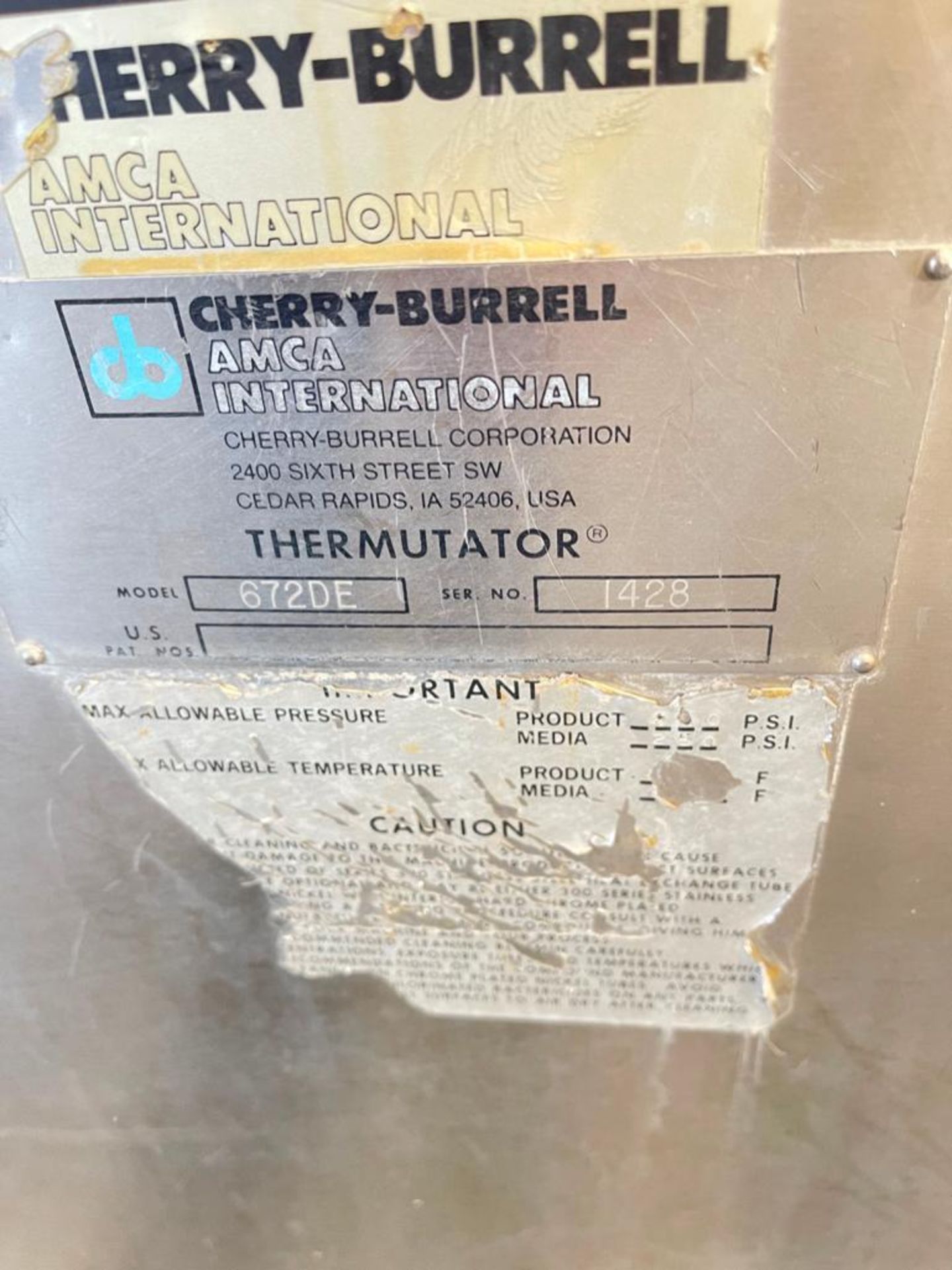 Cherry-Burrell S/S Thermulator, Model: 6720E, S/N: 1428 - Rigging Fees: $150 - Image 2 of 2