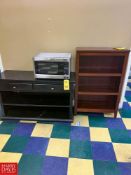 Frigidaire Microwave, (3) Bookshelves, (1) with Drawers and (1) with Cabinet Doors and Filing Cabine