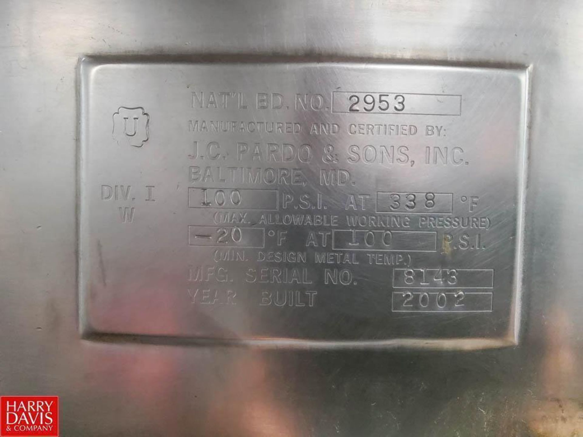 J.C. Pardo 400 Gallon Jacketed S/S Kettle, S/N: 8148 with Side Mounted Agitation - Rigging Fee: $500 - Image 2 of 4