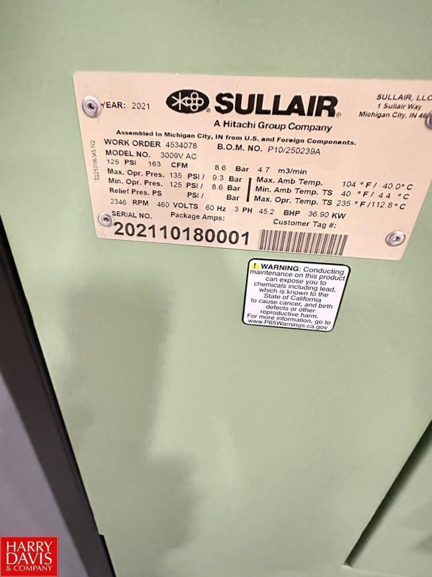 Sullair Screw Air Compressor, 36.6 BHP, 163 CFM, 125 PSI, Model: 202110180001 - Image 3 of 4