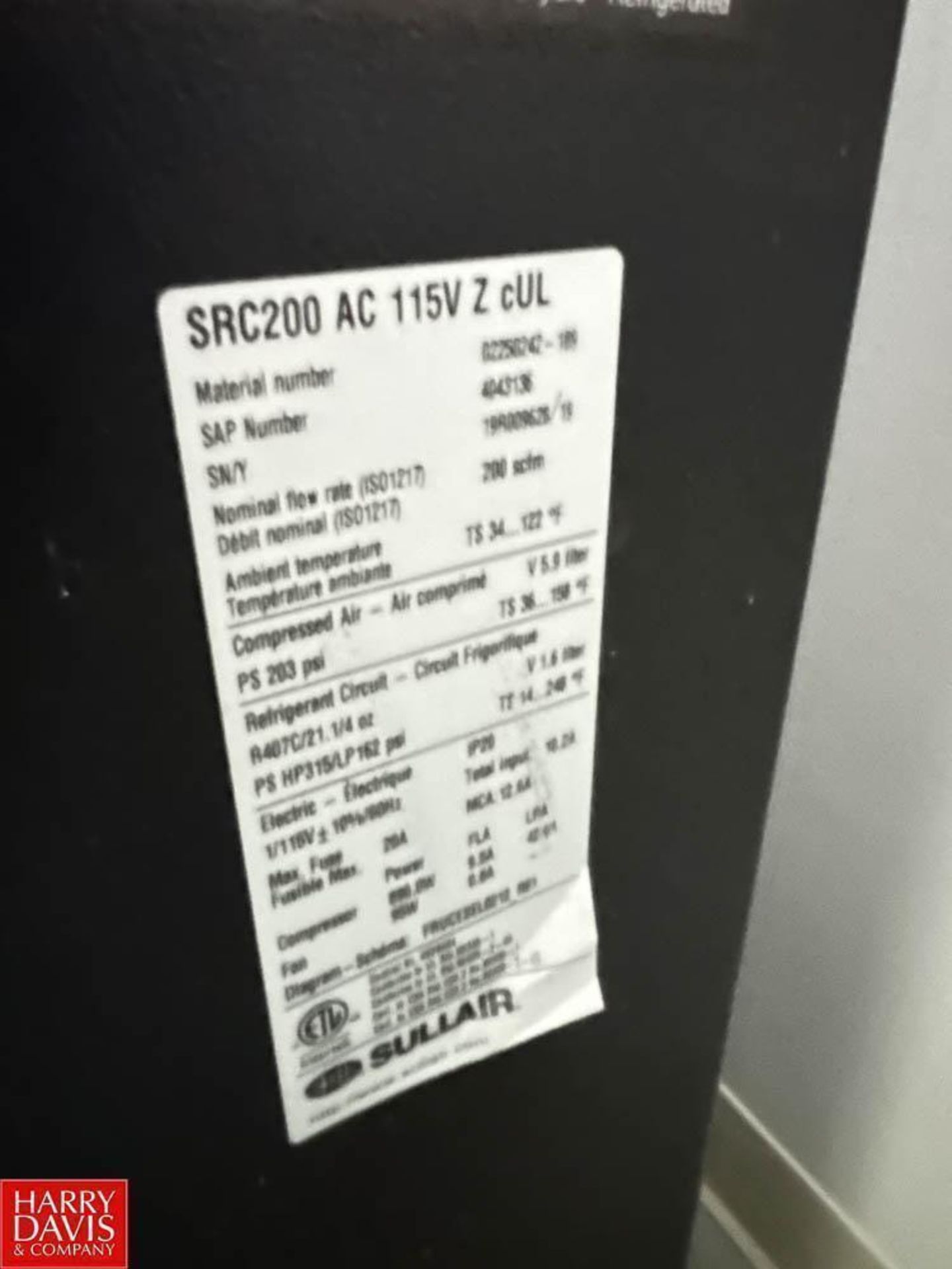 Sullair Refrigerated Air Dryer, S/N: SCR200AC115VZCUL - Rigging Fee: $350 - Image 4 of 4