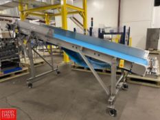 S/S Frame Conveyor, Dimensions = 175" x 24" with Guard Rail 8" Rubber Belt on Wheels, 45° Incline