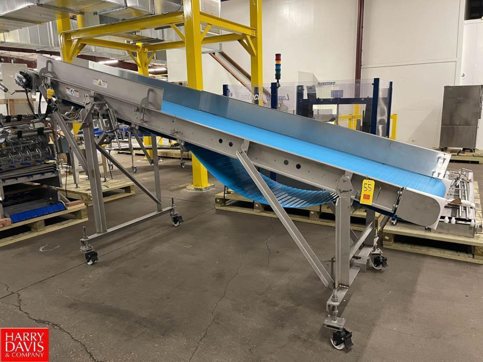 S/S Frame Conveyor, Dimensions = 175" x 24" with Guard Rail 8" Rubber Belt on Wheels, 45° Incline