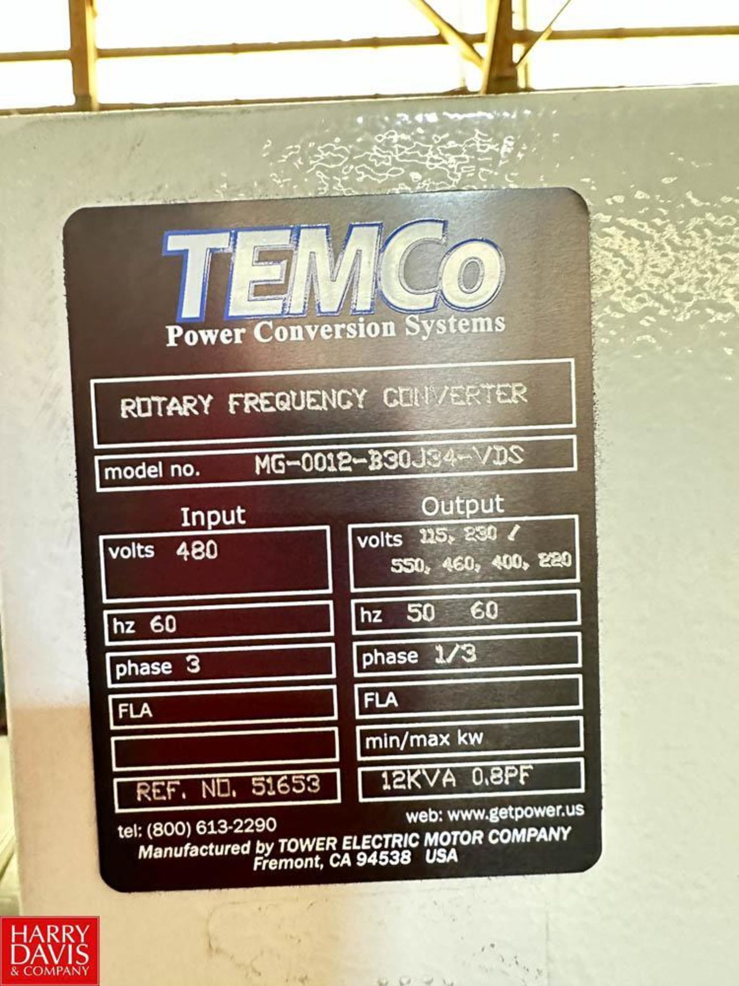 Temco Power Conversions Systems Rotary Frequency Converter, Model: MG-0012-B30534-VDS, 480 Volt Inpu - Image 2 of 3