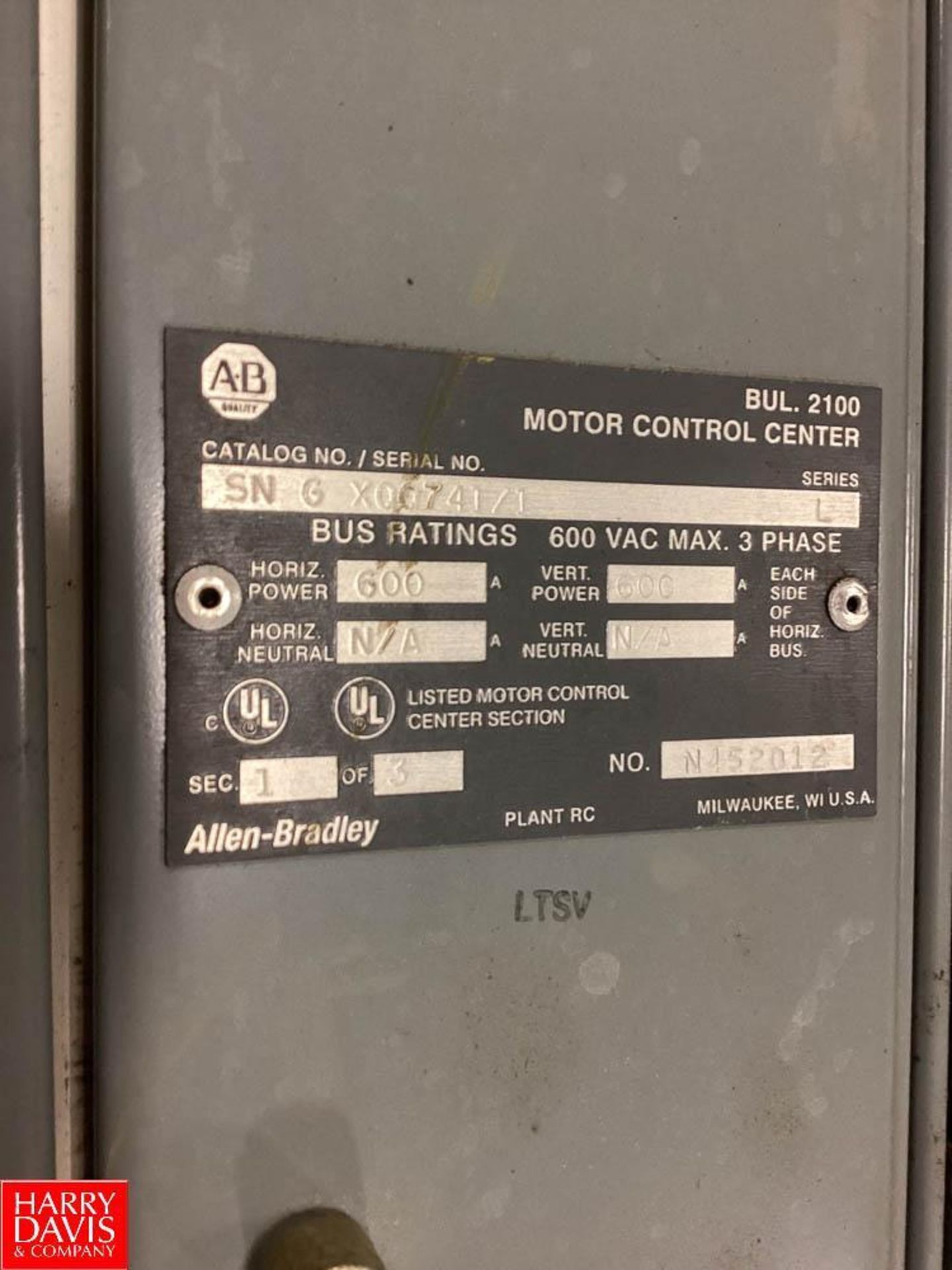 Allen-Bradley Bulletin Series L, S/N: G X0074171, 2100 MCC 600A with (14) Switches - Image 5 of 5