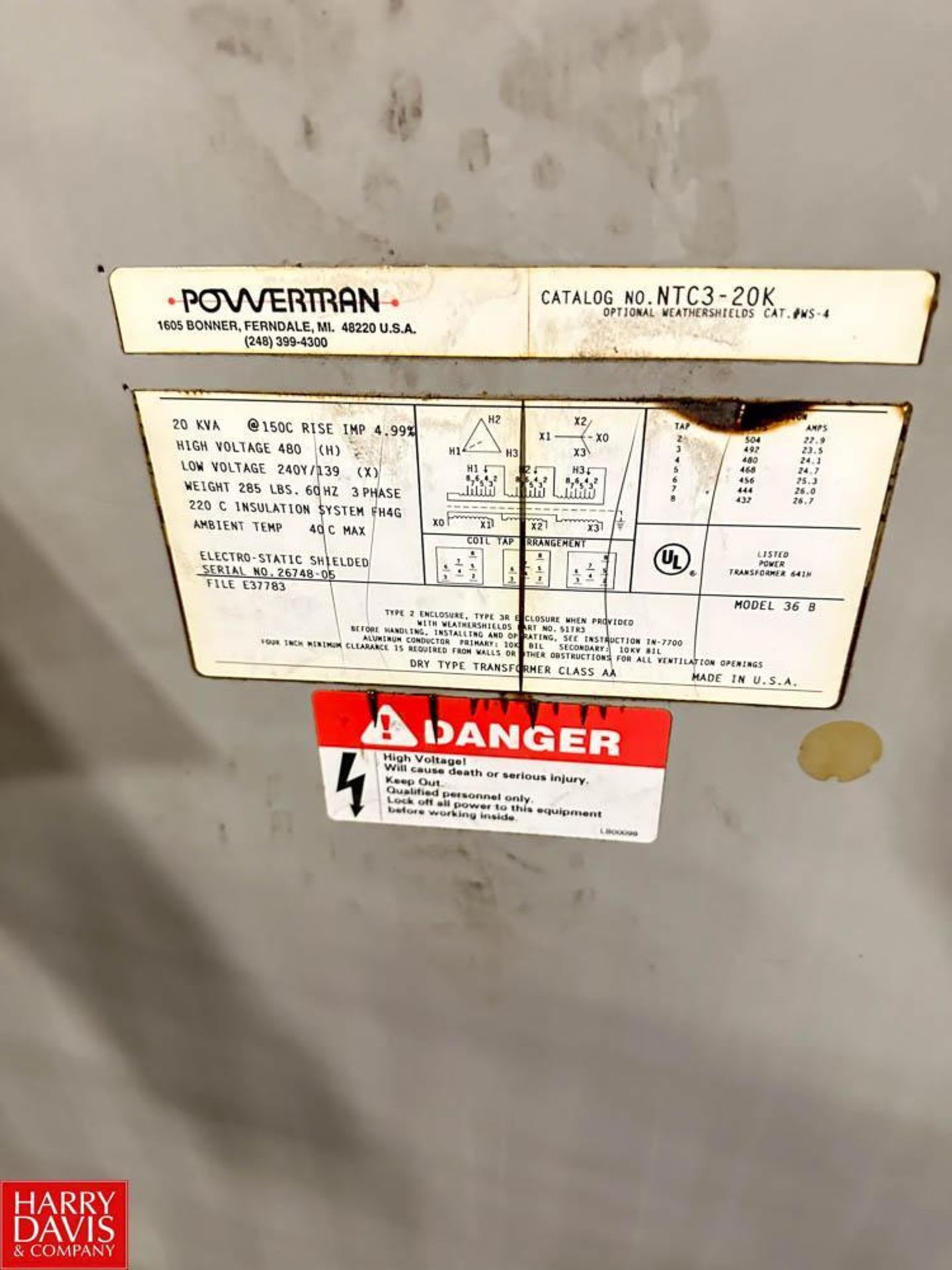 Powertran 20 kVA Transformer H.V. 480, L.V. 240Y/139 - Image 2 of 2