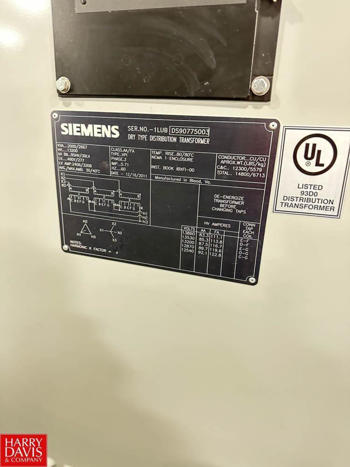 Siemens 2,000/2,667 kVA, Dry-Type Distribution Transformer, Type: VP1, 480Y/277 Volts and 2,406/3,20 - Image 2 of 2