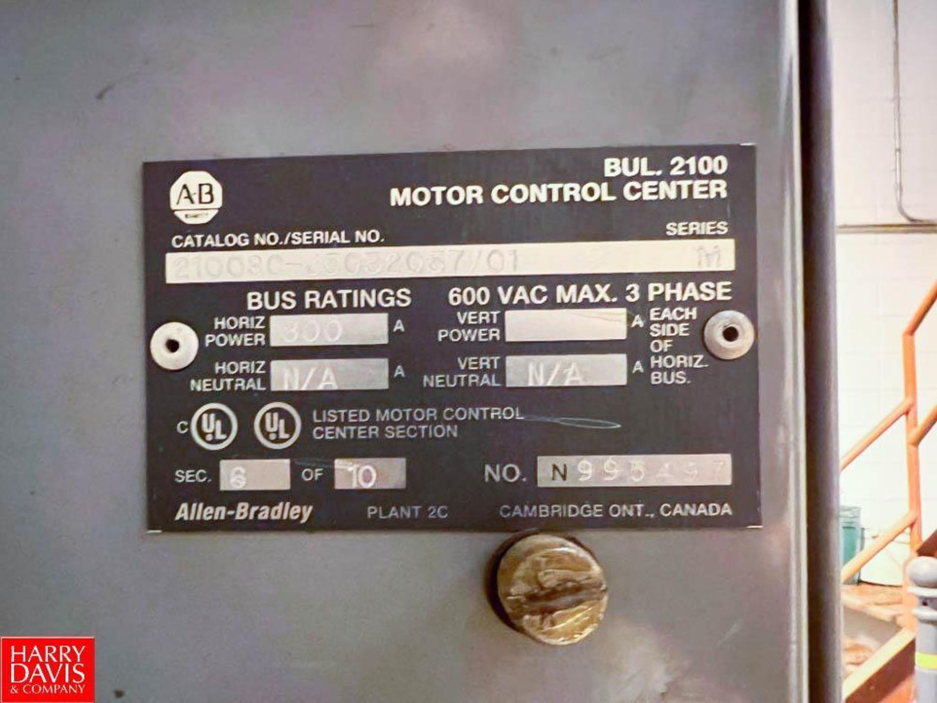 Allen-Bradley Centerline 2100 Motor Control Center, S/N: 21008C-J5032057/01 with 800 Amp Horizontal - Image 2 of 2