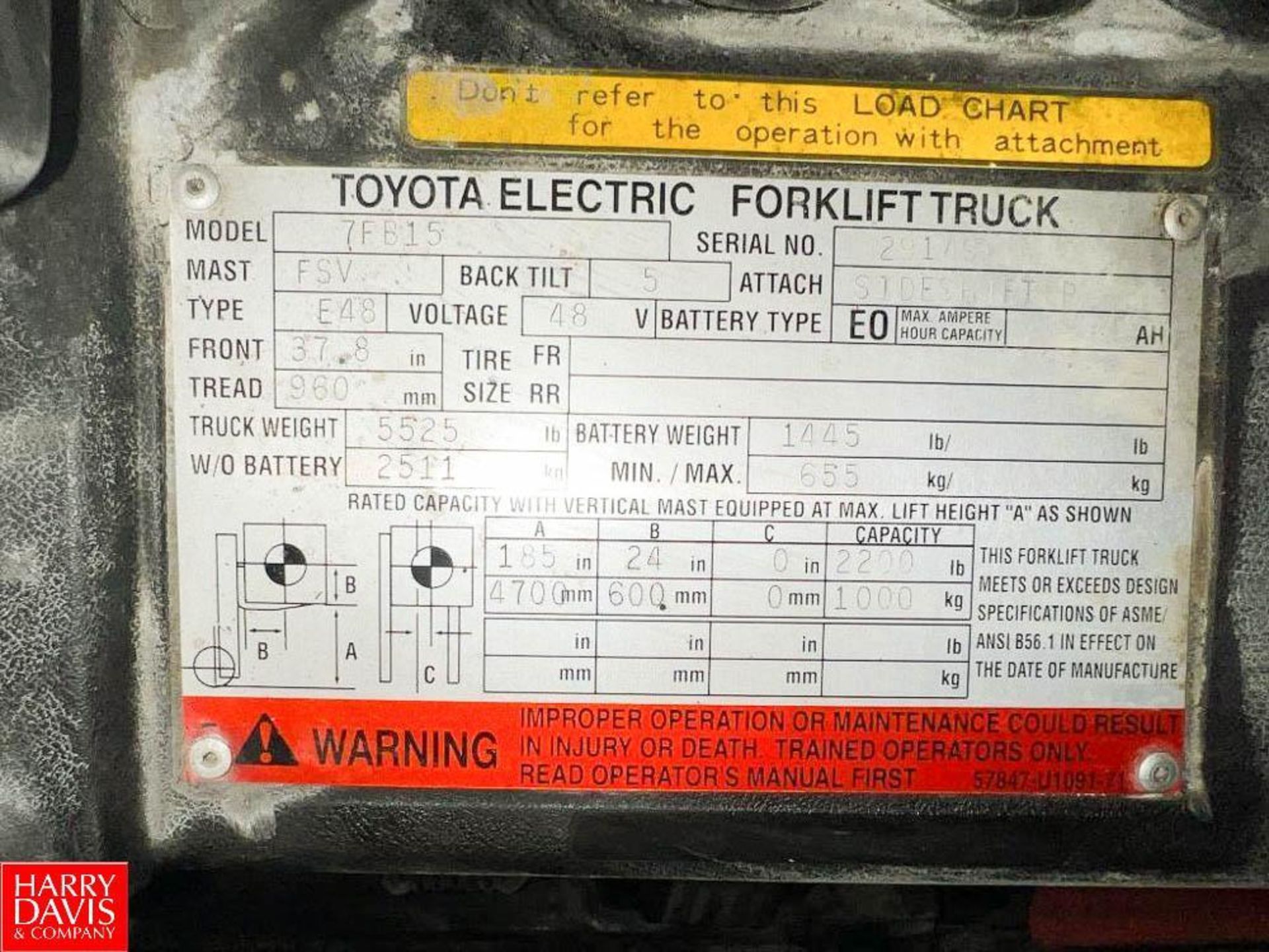 Toyota 2,200 LB Capacity Electric Fork Lift with 48 Volt Battery, Model: 7FB15, S/N: 29149 - Image 2 of 2