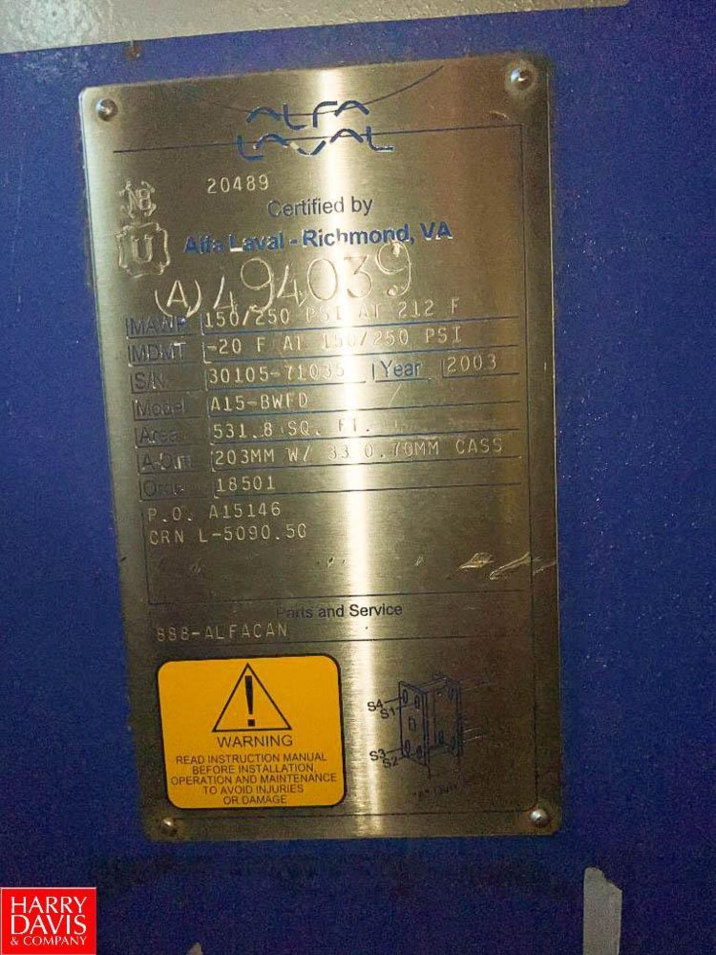 Alfa Laval Plate Heat Exchanger, Model: A15-BWFD, S/N: 30105-71035 - Rigging Fee: $2000 - Image 3 of 3