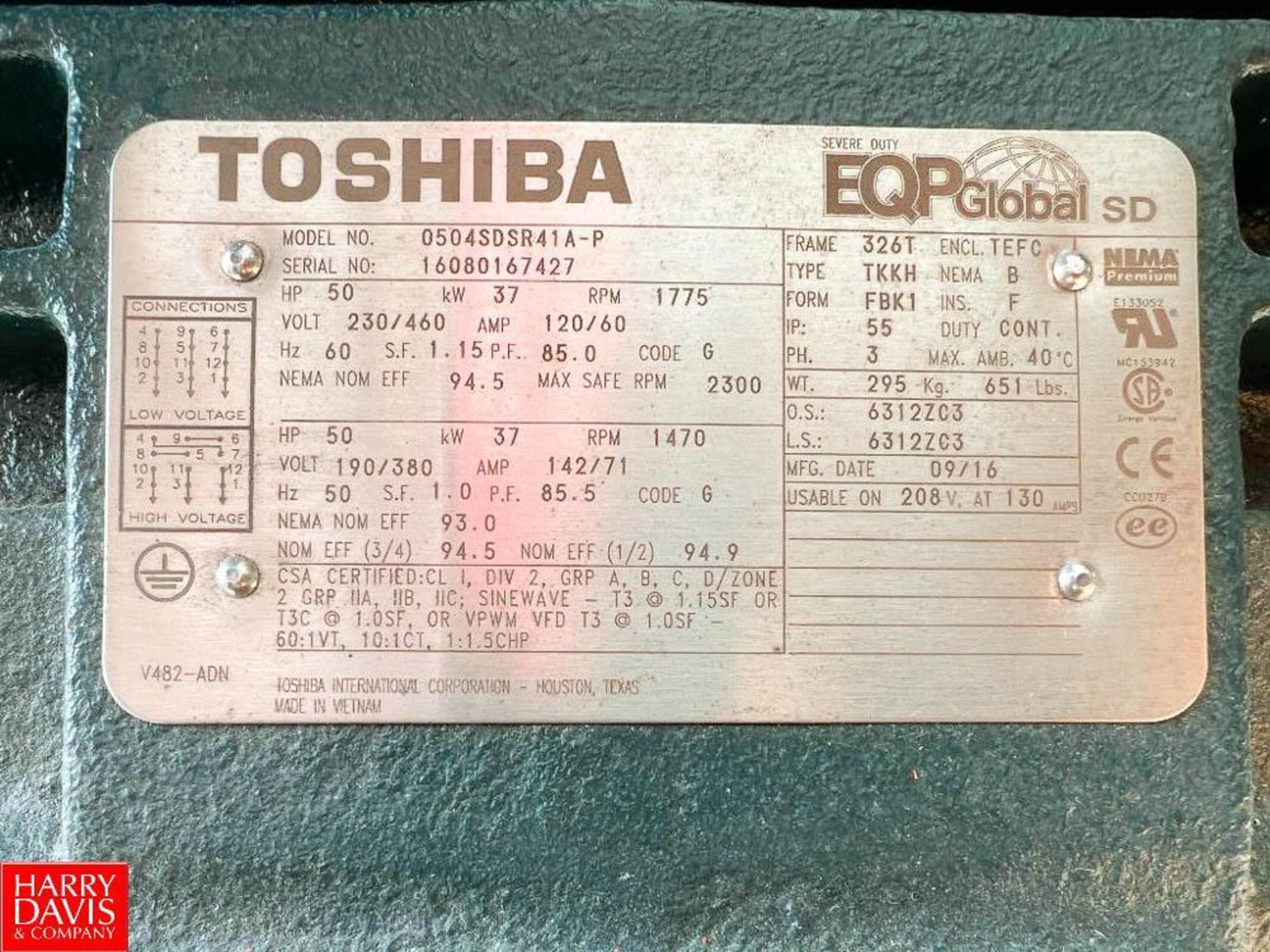 Toshiba 50 HP 1,775 RPM Motor - Rigging Fee: $75 - Image 2 of 2