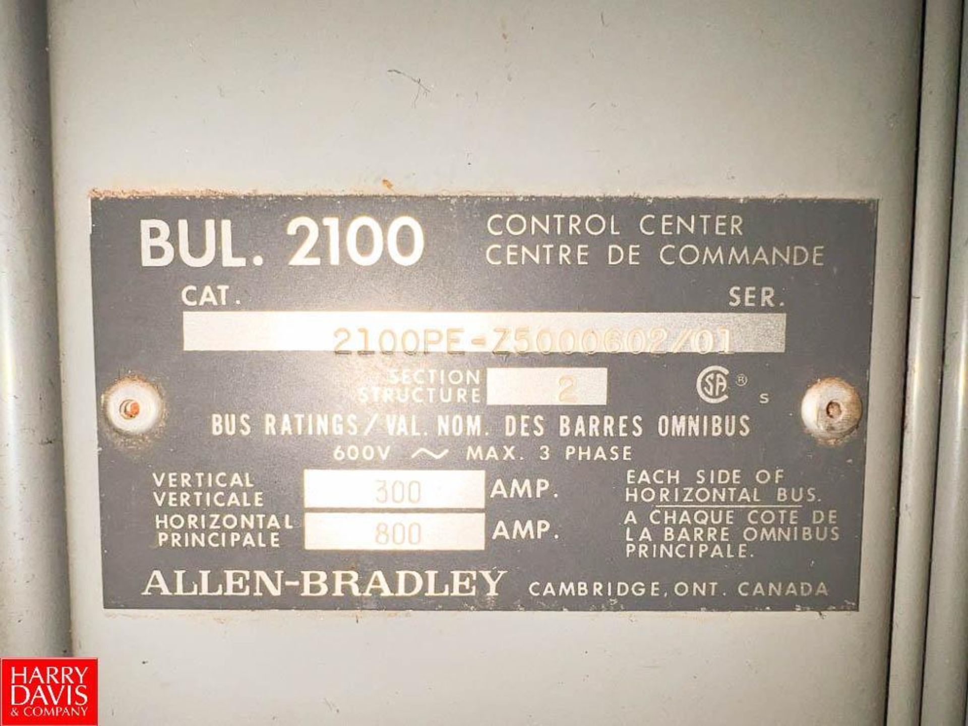 Allen-Bradley Centerline 2100 Motor Control Center, S/N: 2100PE-Z5000602/01 with 800 Amp Horizontal - Image 2 of 2