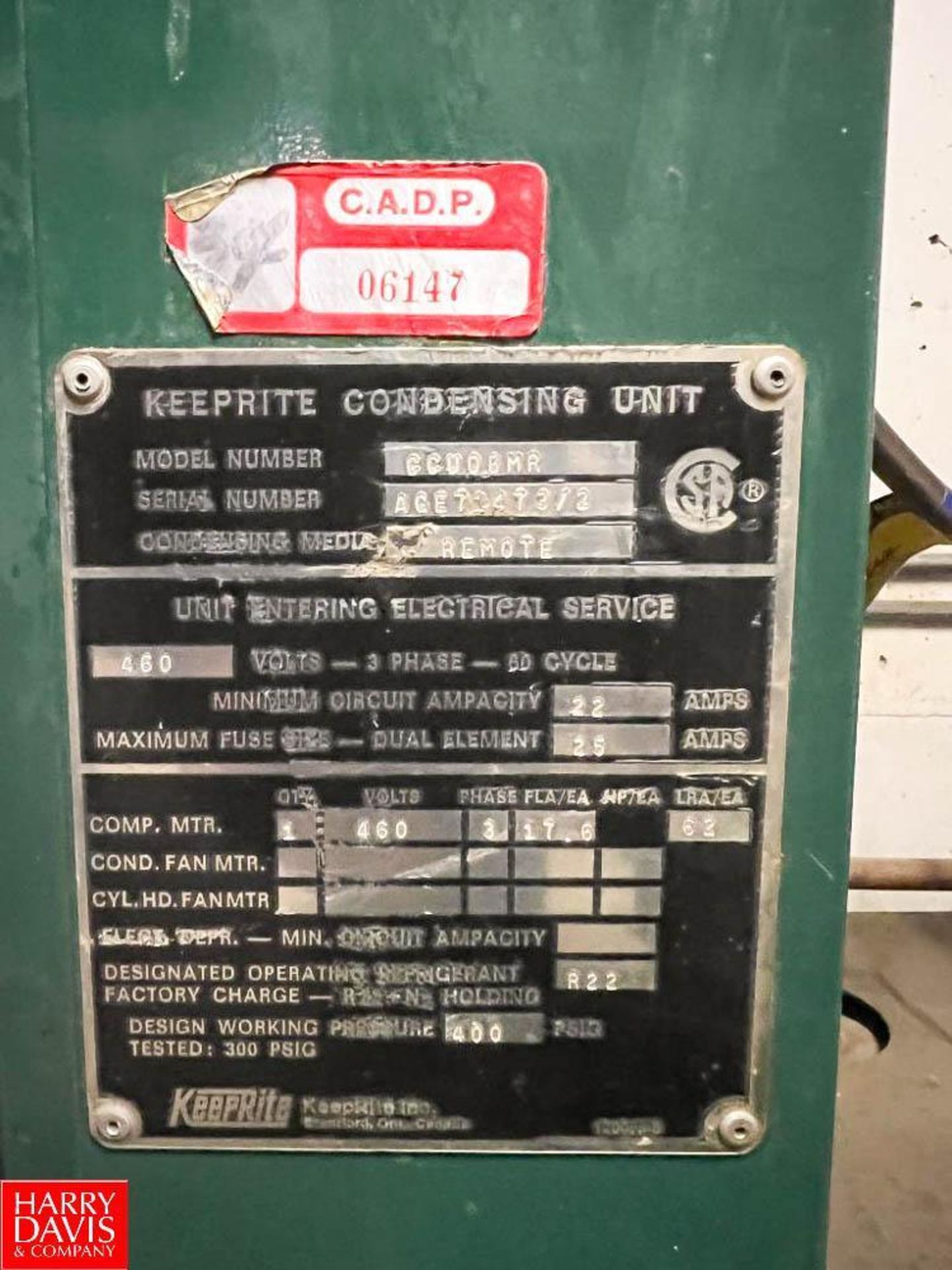 Keeprite 400 PSIG Freon Condensing Unit, Model: GGU08MR, S/N: AGE71473/2 - Rigging Fee: $750 - Image 2 of 2