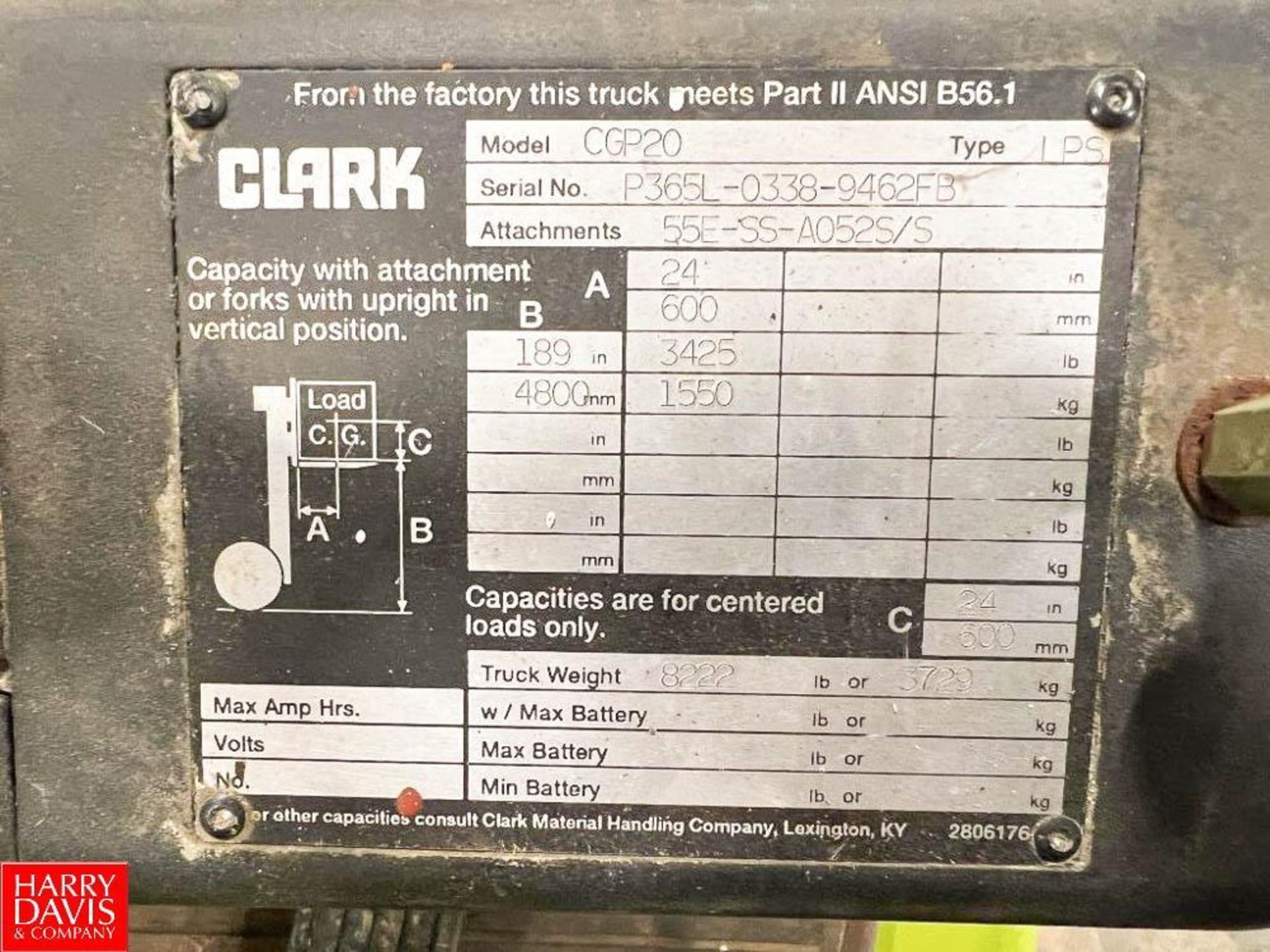 Clark 4,500 LB Capacity Propane Operated Fork Lift , Model: CGP20, S/N: P365L-0338-9462FB - Image 2 of 2