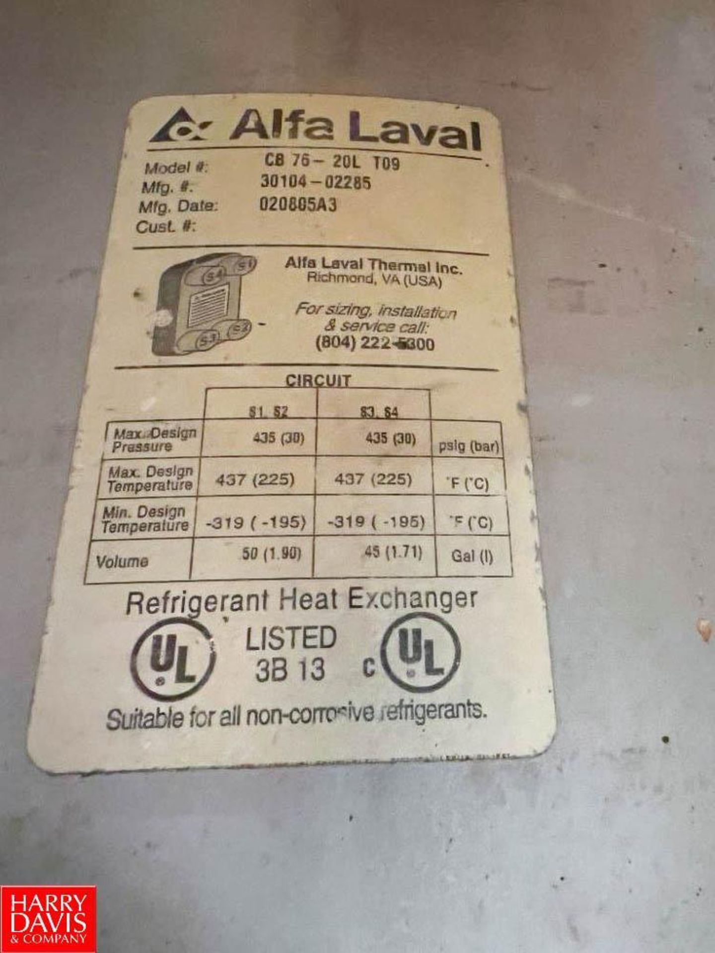 Alfa Laval S/S Plate Heat Exchanger, Model: CB 76-20LA T09, S/N: 30104-02285 - Rigging Fee: $250 - Image 2 of 2