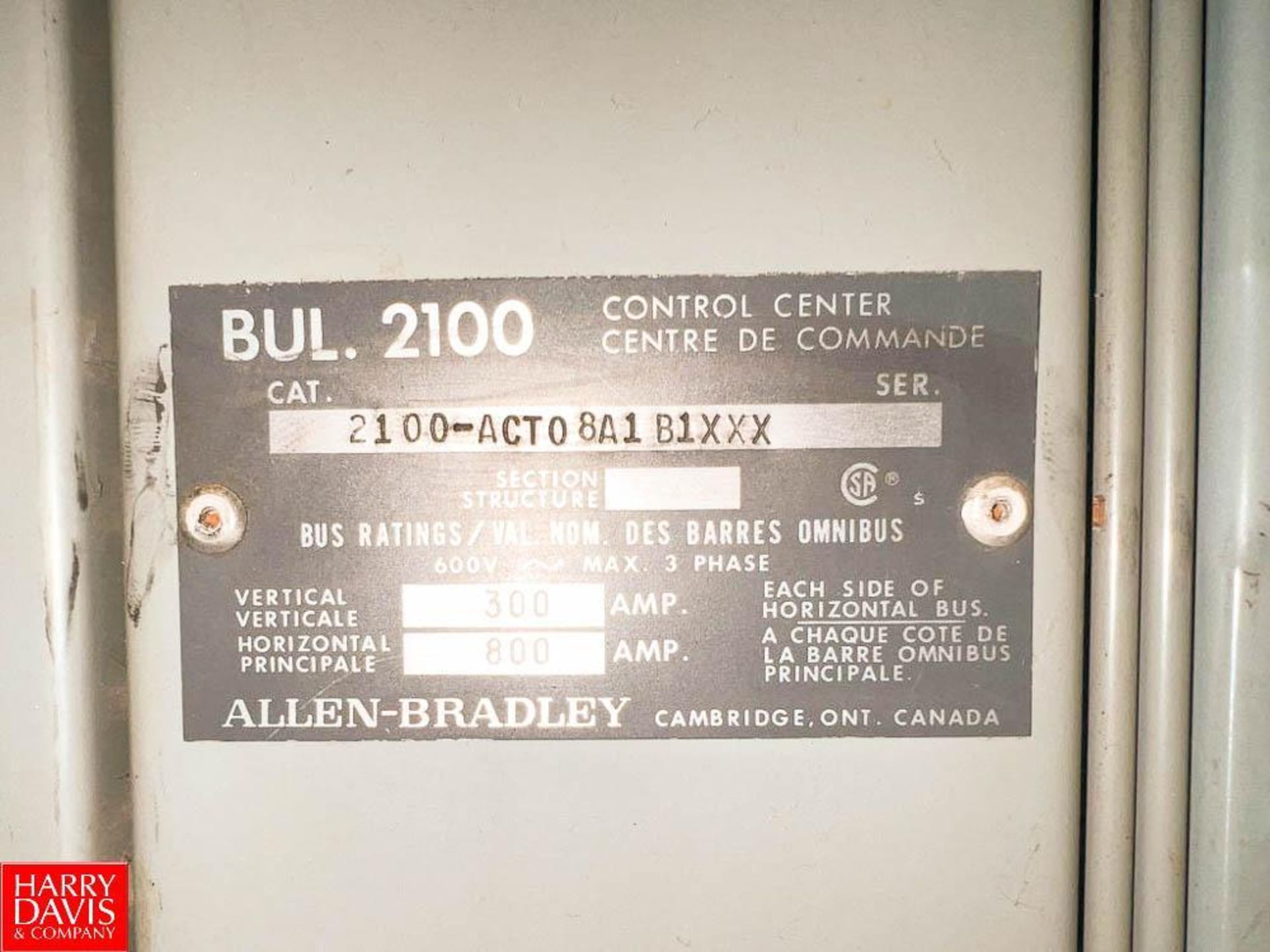 Allen-Bradley Centerline 2100 Motor Control Center, S/N: 2100-ACTO8A1 B1XXX with 800 Amp Horizontal - Image 2 of 2