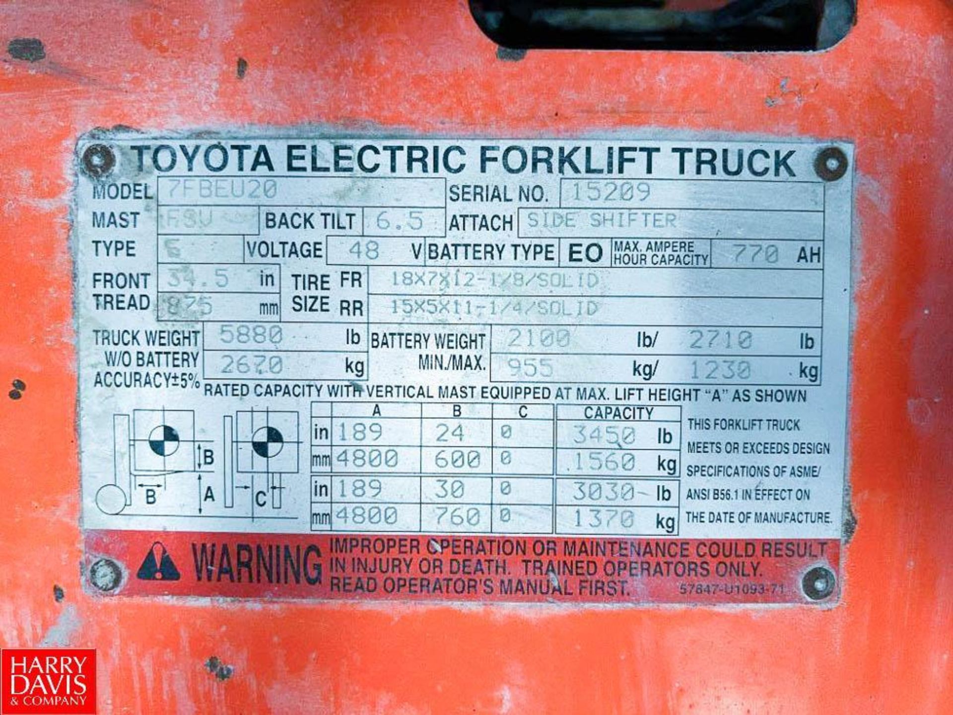 Toyota 3,450 LB Capacity Electric Fork Lift with 48 Volt Battery, Model: 7FBEAU20, S/N: 15209 - Image 2 of 2
