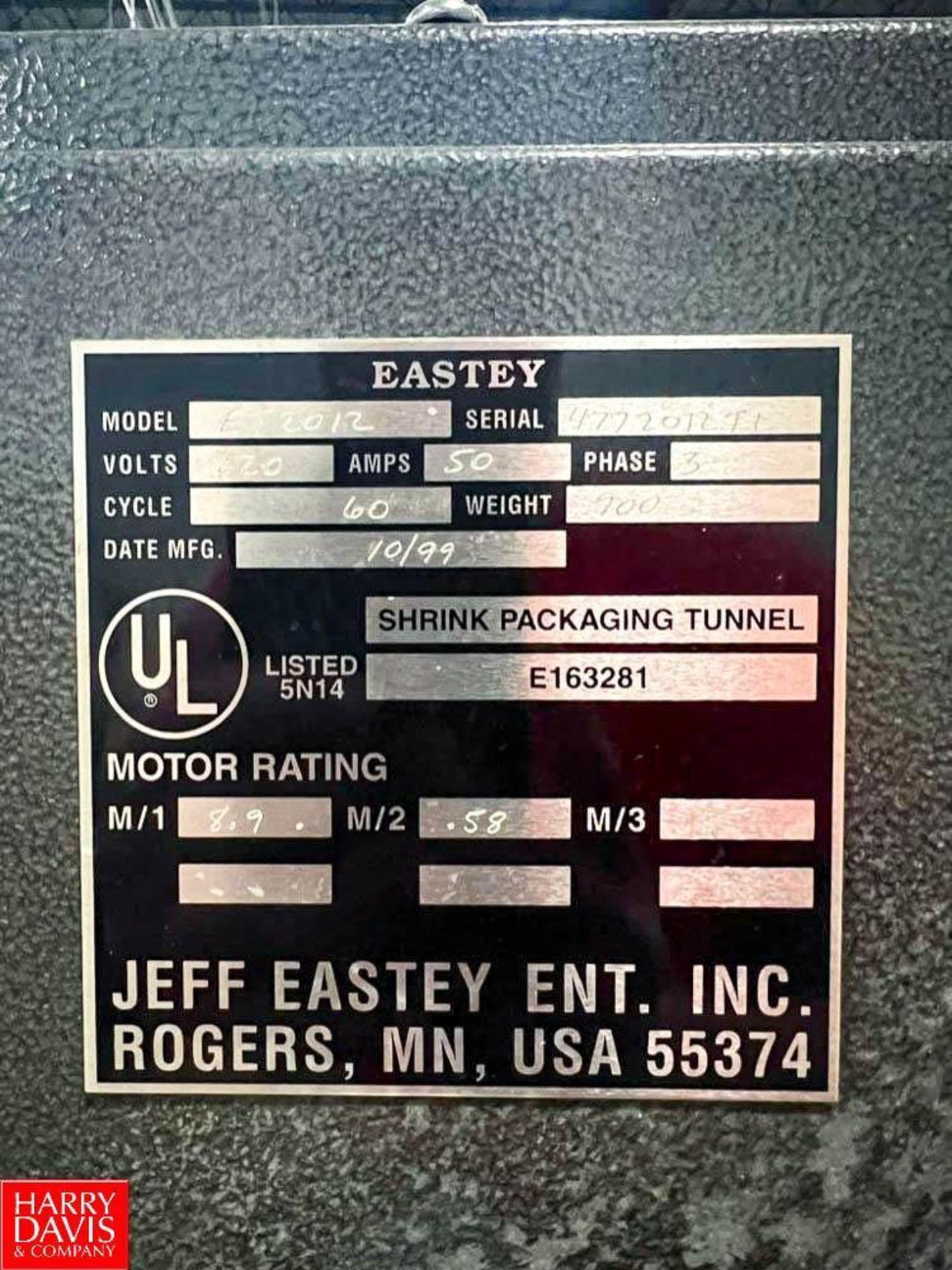 Eastey Shrink Packaging Tunnel, Model: ET2012, S/N: 4772012TL - Rigging Fee: $250 - Image 2 of 2