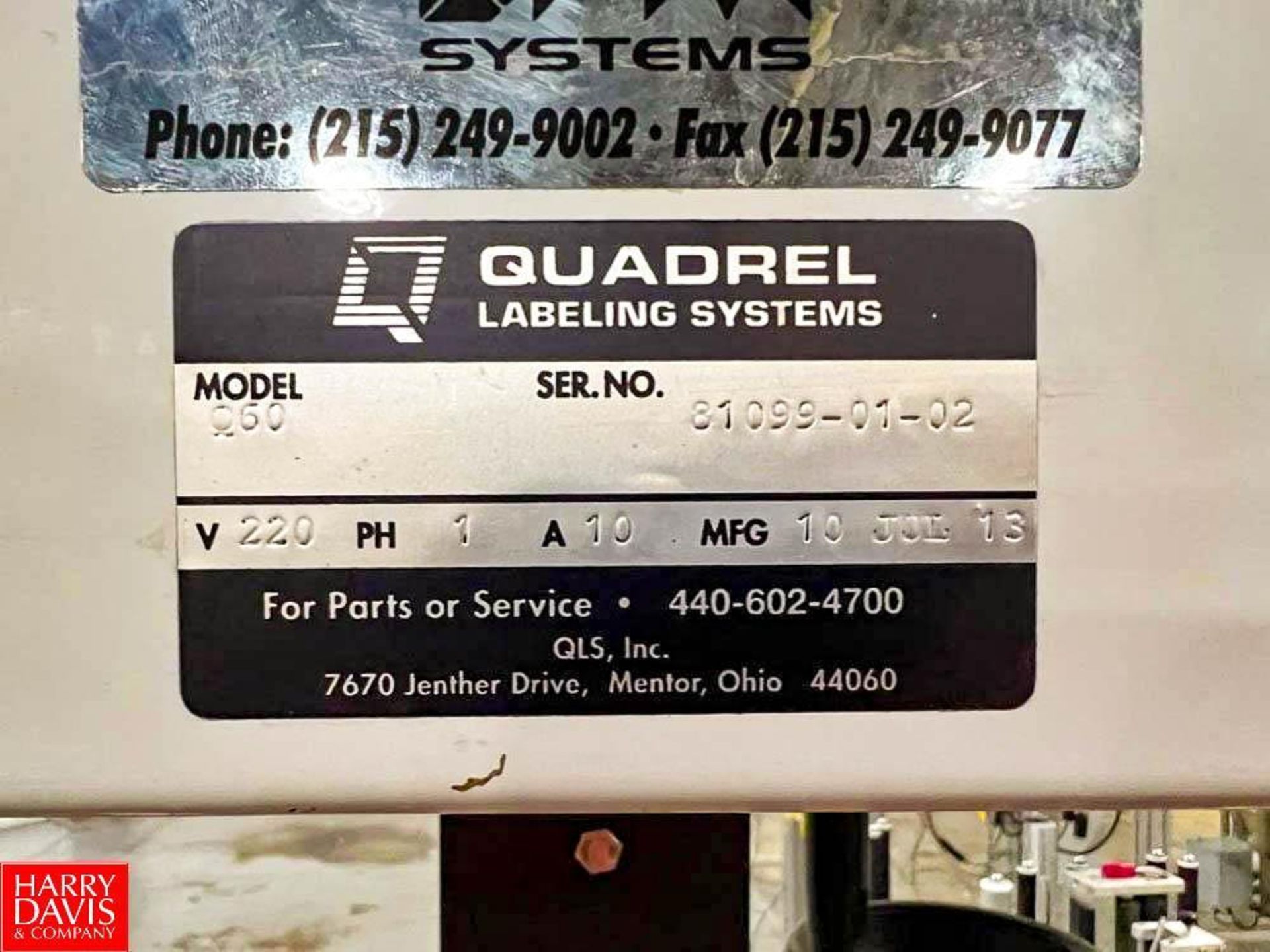 2013 Quadrel Labeling Systems S/S Framed Labeler, Model: Q60, S/N: 81099-01-02 with (2) Digital Read - Image 2 of 2