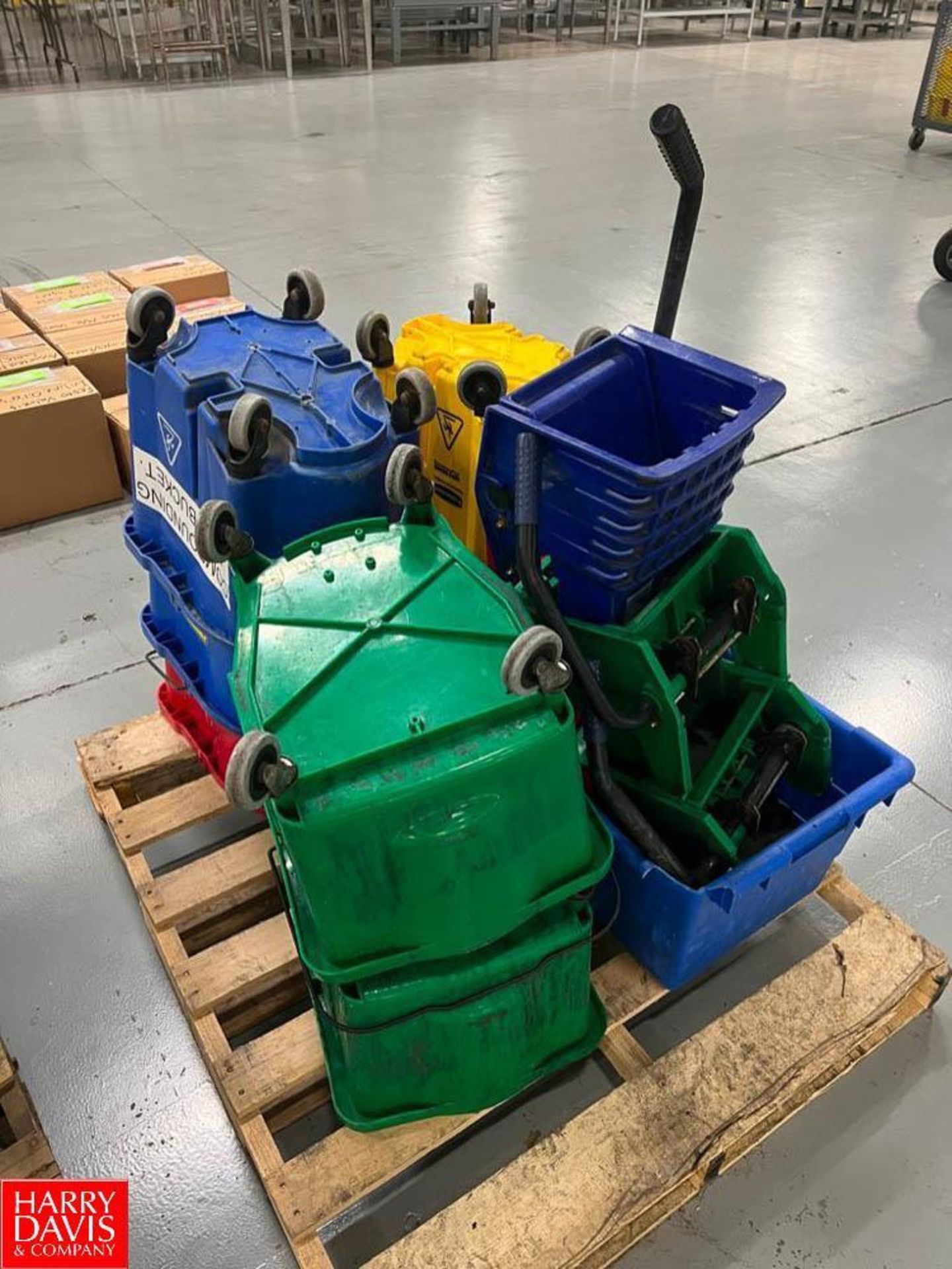 Assorted Trash Cans, Mops and Buckets, Brooms, Dust Pans, 5 Gallon Buckets, Recycling and Storage Bi