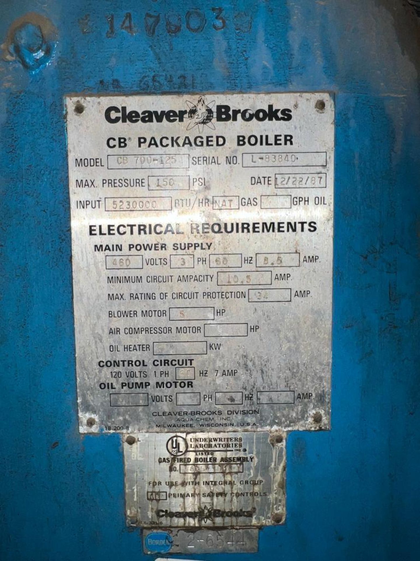 Cleaver Brooks 150 PSI Natural Gas CB Packaged Boiler, Model: CB700-125, S/N: L-83840 with Honeywell - Image 6 of 6