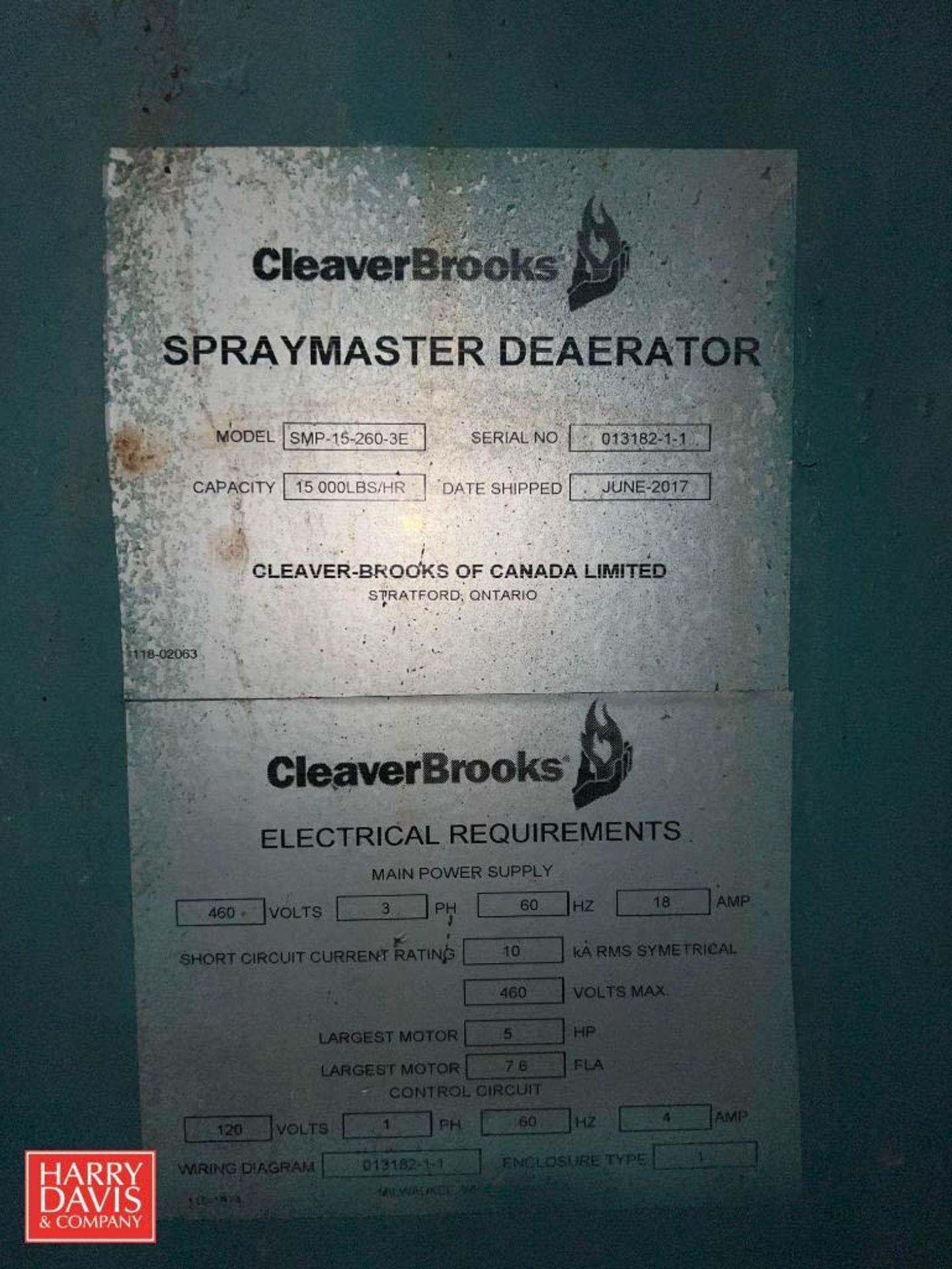 2017 Cleaver Brooks 15 LB/HR Capacity Spray master Deaerator, Model: SMP-15-260-3E, S/N: 013182-1-1 - Image 3 of 3