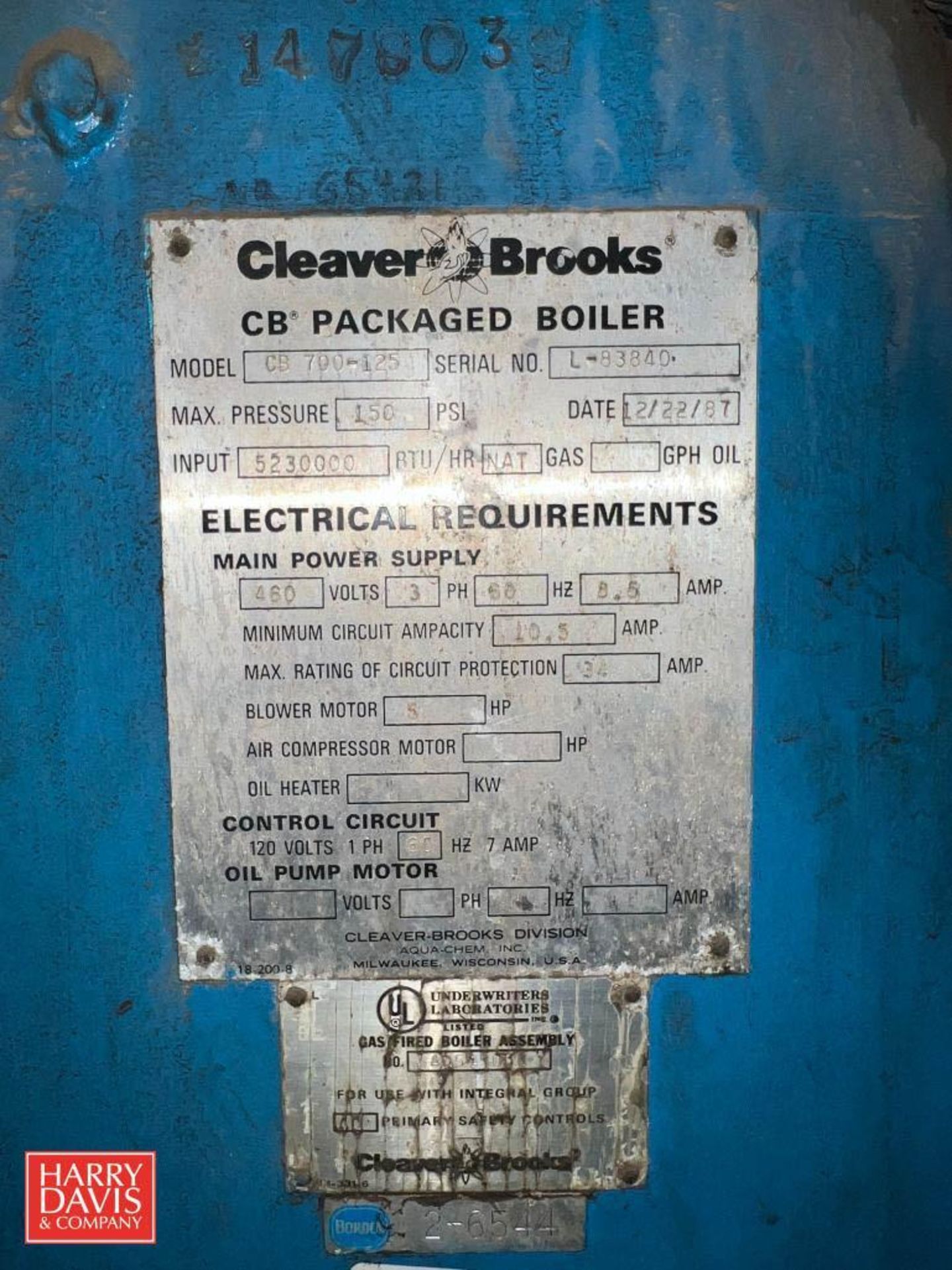 Cleaver Brooks 150 PSI Natural Gas CB Packaged Boiler, Model: CB700-125, S/N: L-83840 with Honeywell - Image 5 of 6