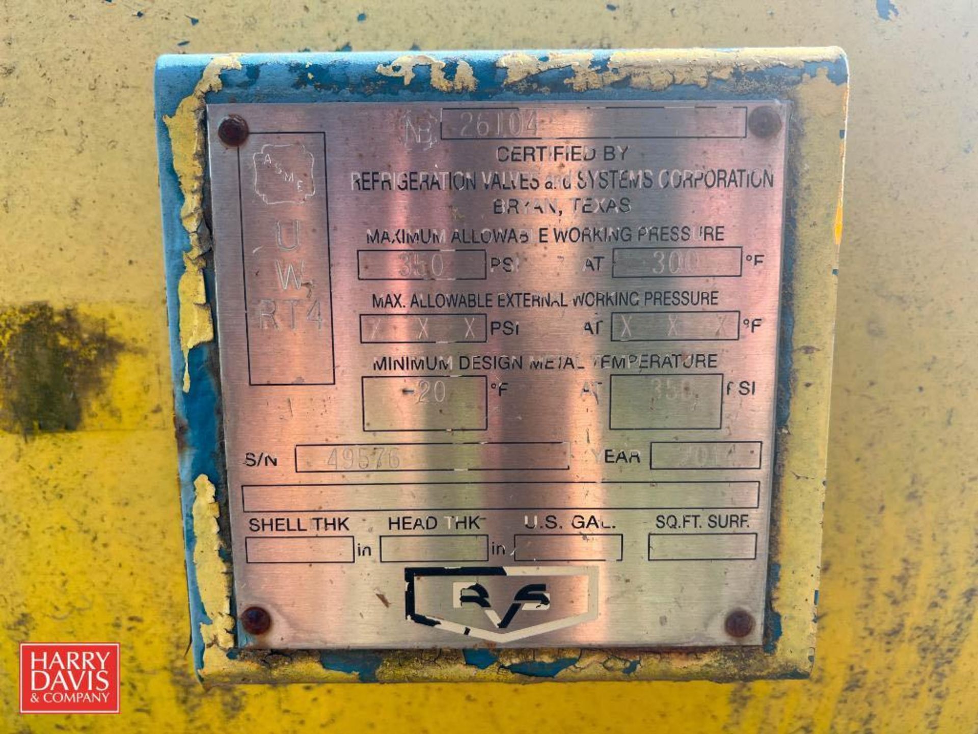 2014 Refrigeration Valves & Systems Corporation 3,000 LB Capacity, 350 PSI Horizontal Ammonia - Image 2 of 2