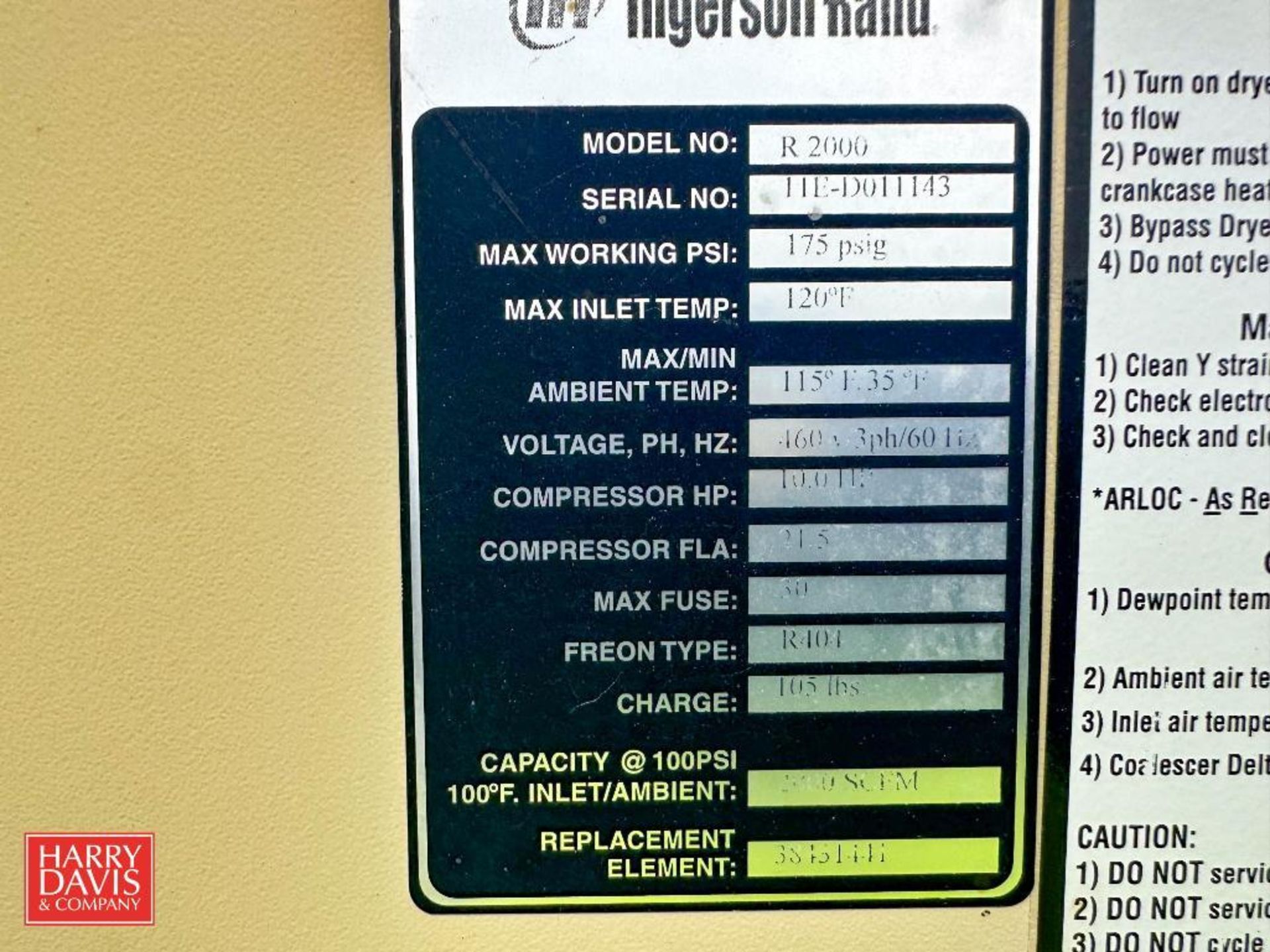 Ingersoll Rand Air Dryer, Model: R2000, S/N: 11E-D011143 - Rigging Fee: $350 - Image 4 of 9