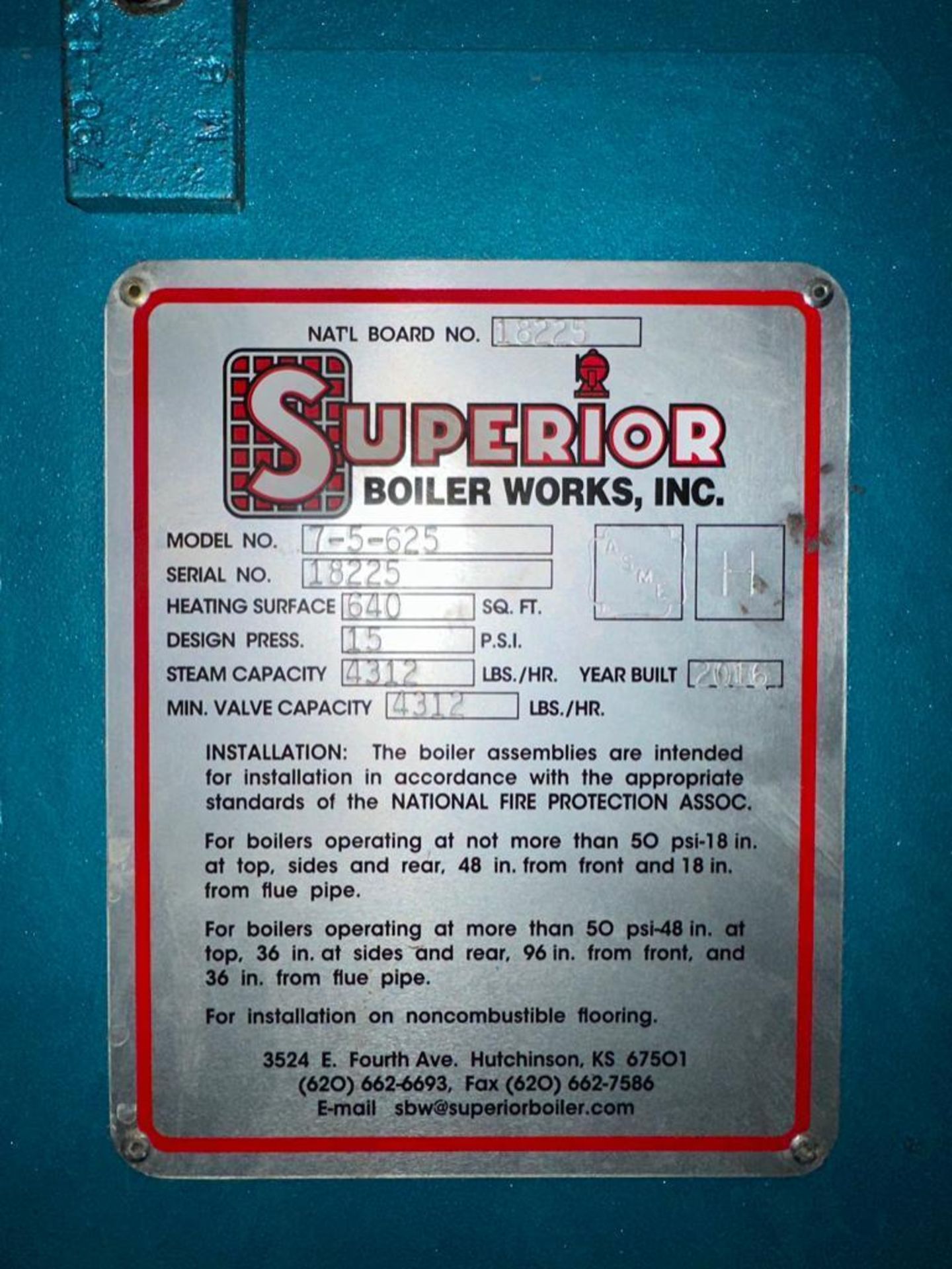 2016 Superior Steam Boiler, Model: 7-5-625, S/N: 18225 - Rigging Fee: Contact HDC - Image 3 of 4