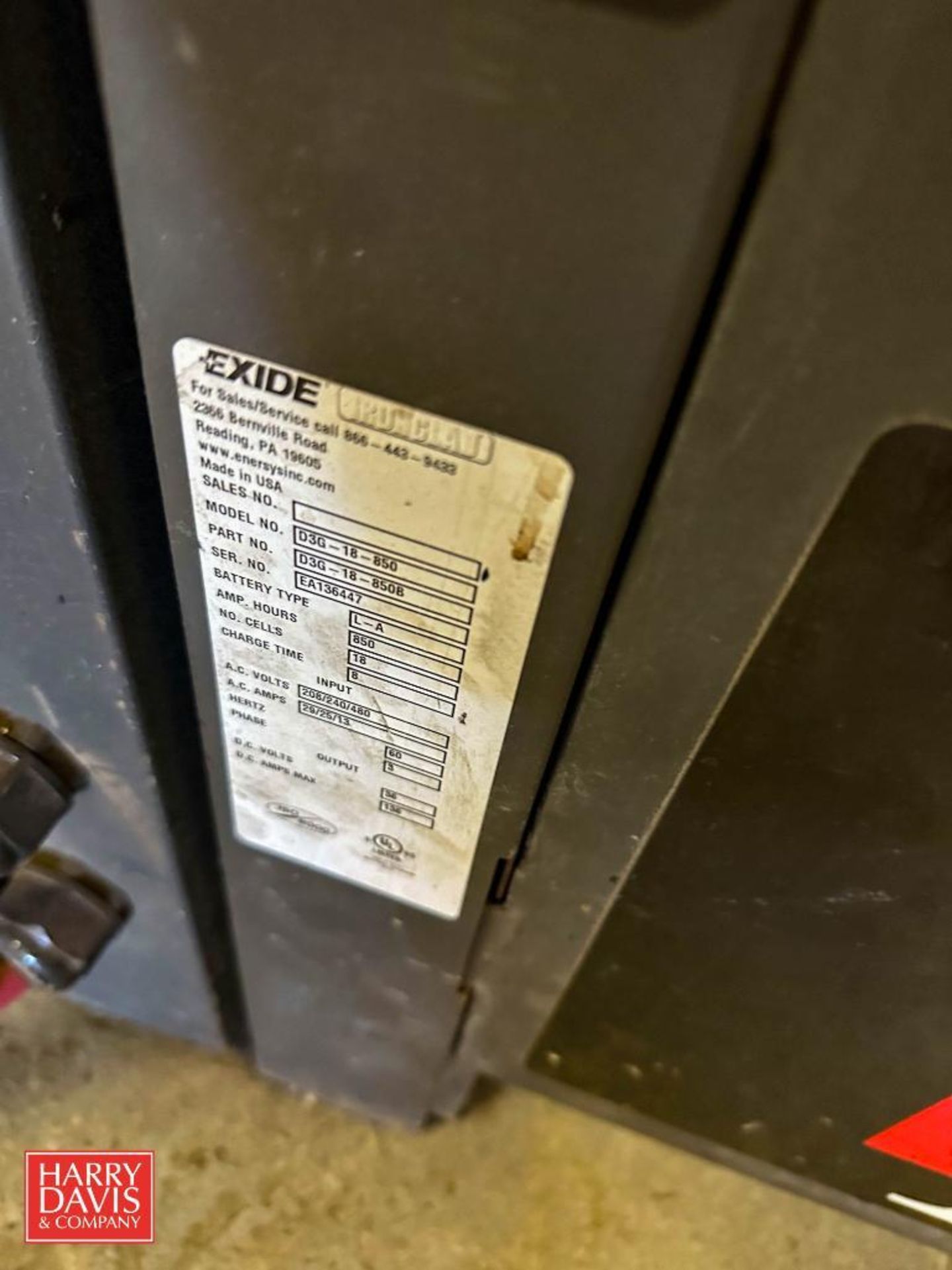 Exide R-3 Forklift Battery Charger, Model: D3G-18-850 - Rigging Fee: $50 - Image 2 of 2