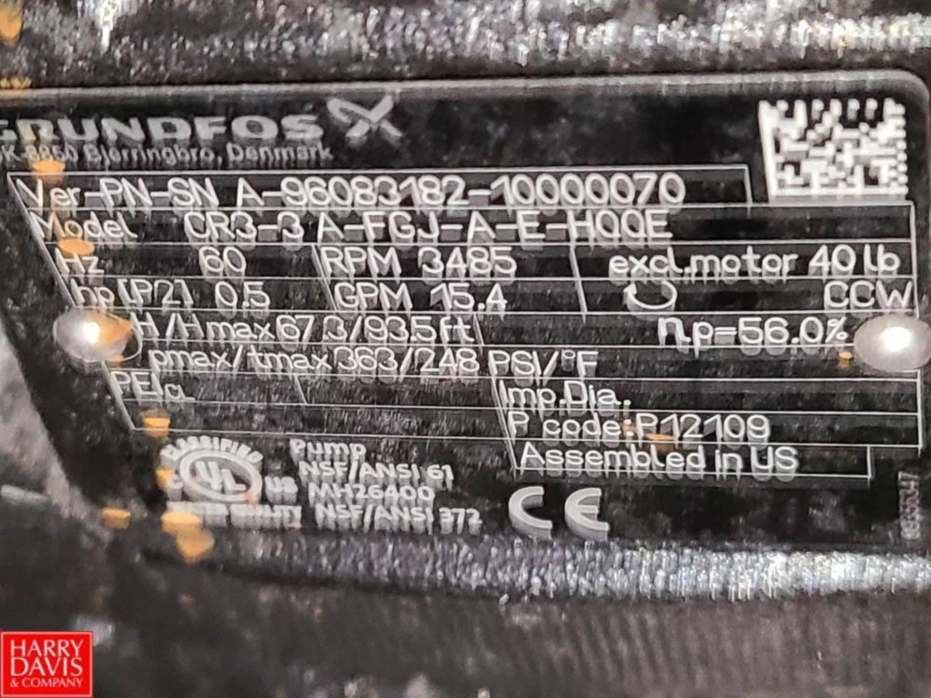 Grundfos Booster Pump, Model: CR3-3A-FJG-A-G-H000 with .5 HP Motor - Rigging Fee: $100 - Image 3 of 3