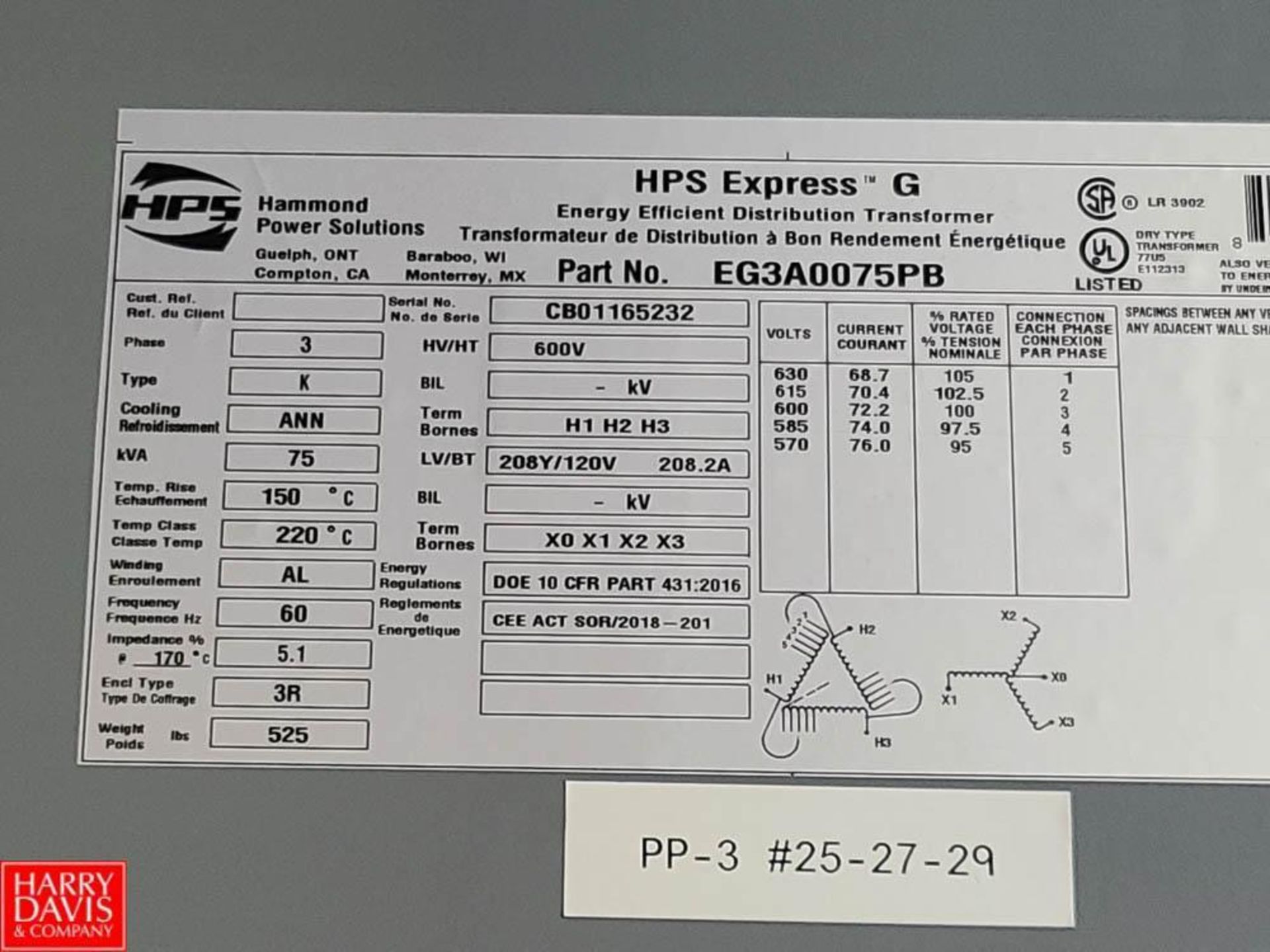 HPS 3-Phase 600V, 75 KVA Transformer - Rigging Fee: $350 - Image 2 of 2