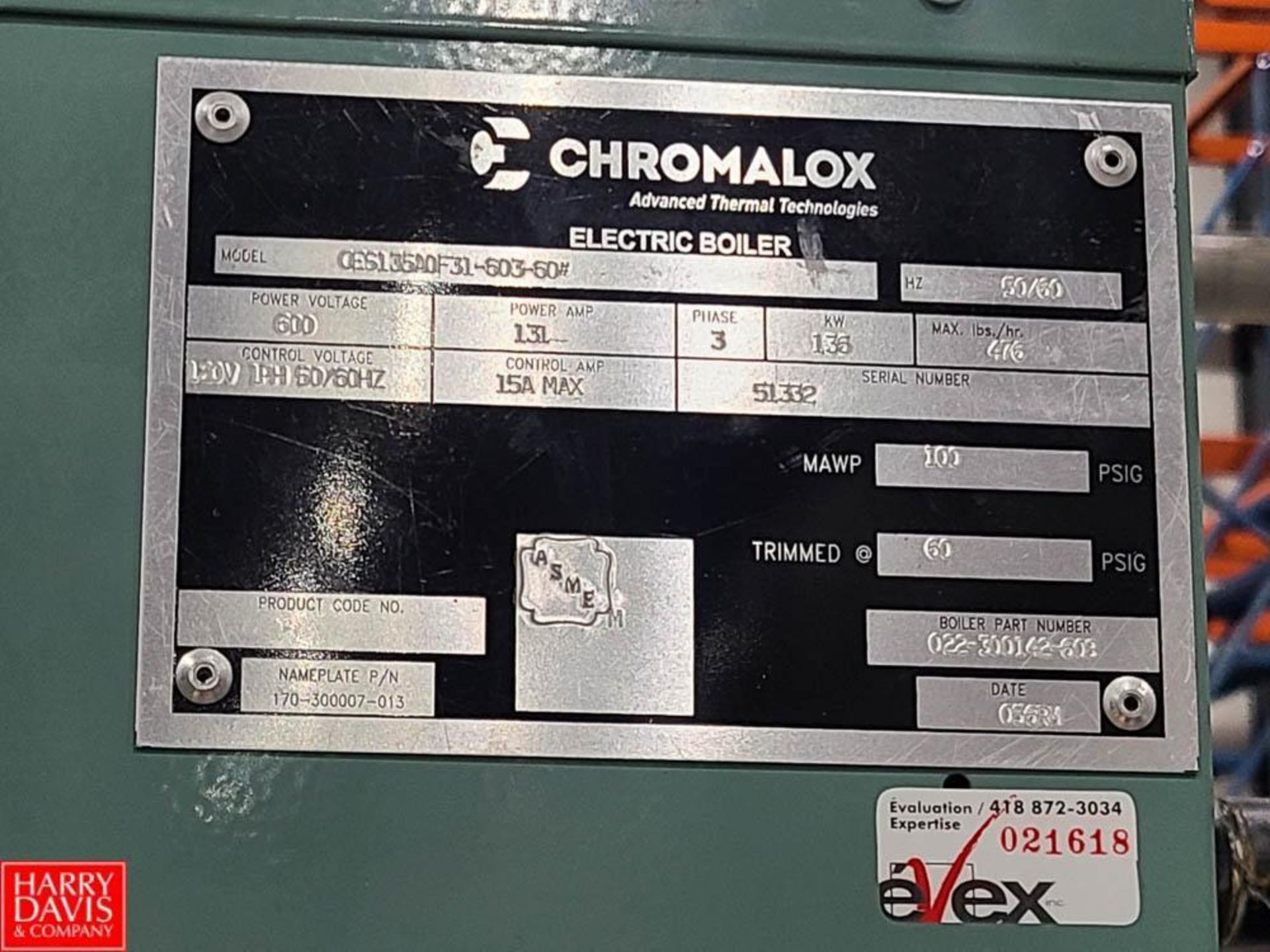 2021 Chromalox Boiler, Model: OES135A0F31-603-60, S/N: 51332 with Reservoir Tank - Image 3 of 6