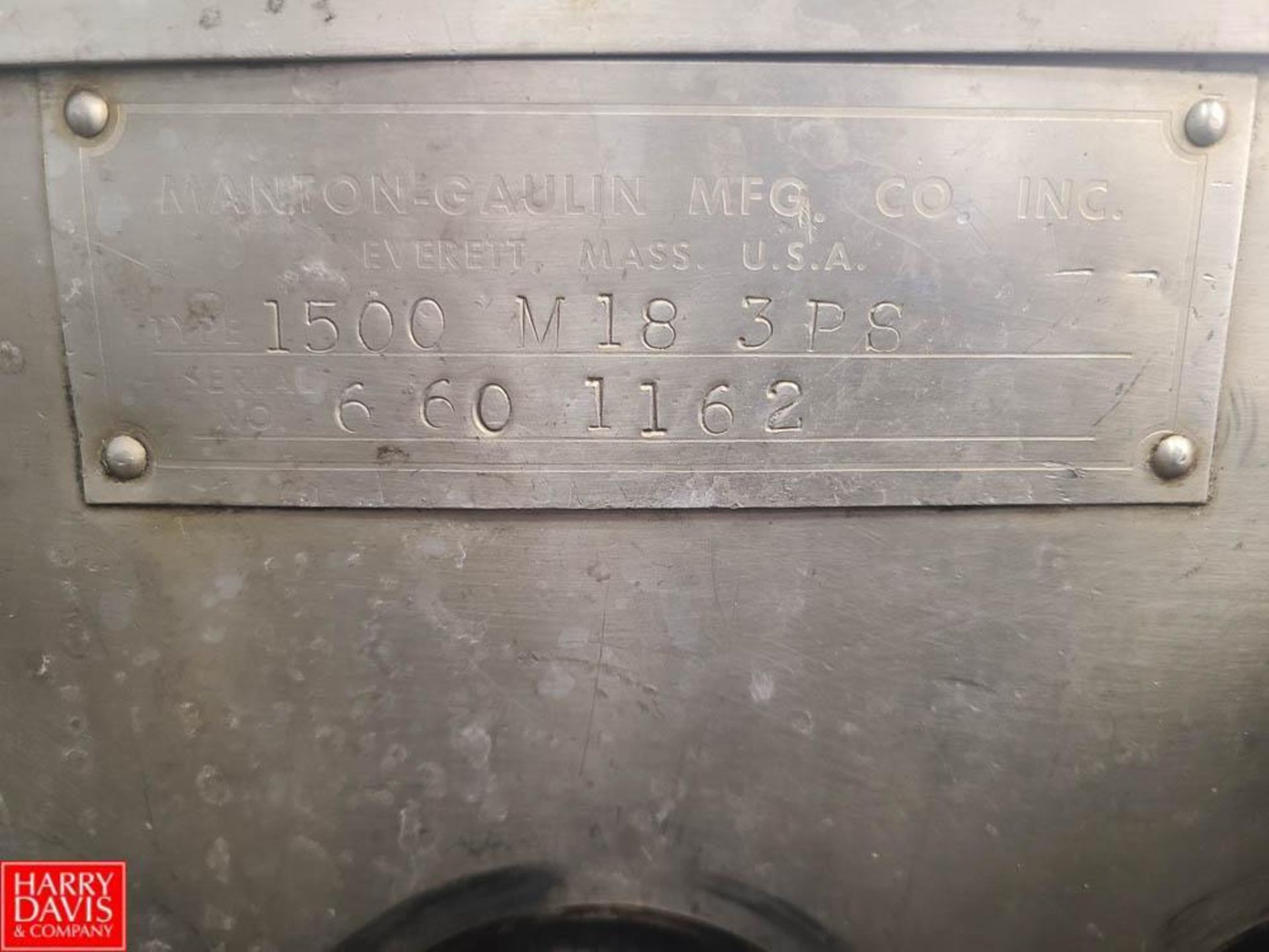 Gaulin S/S Homogenizer, Model: 1500-M18-3PS, S/N: 6-60-1162 - Rigging Fee: $750 - Image 4 of 4