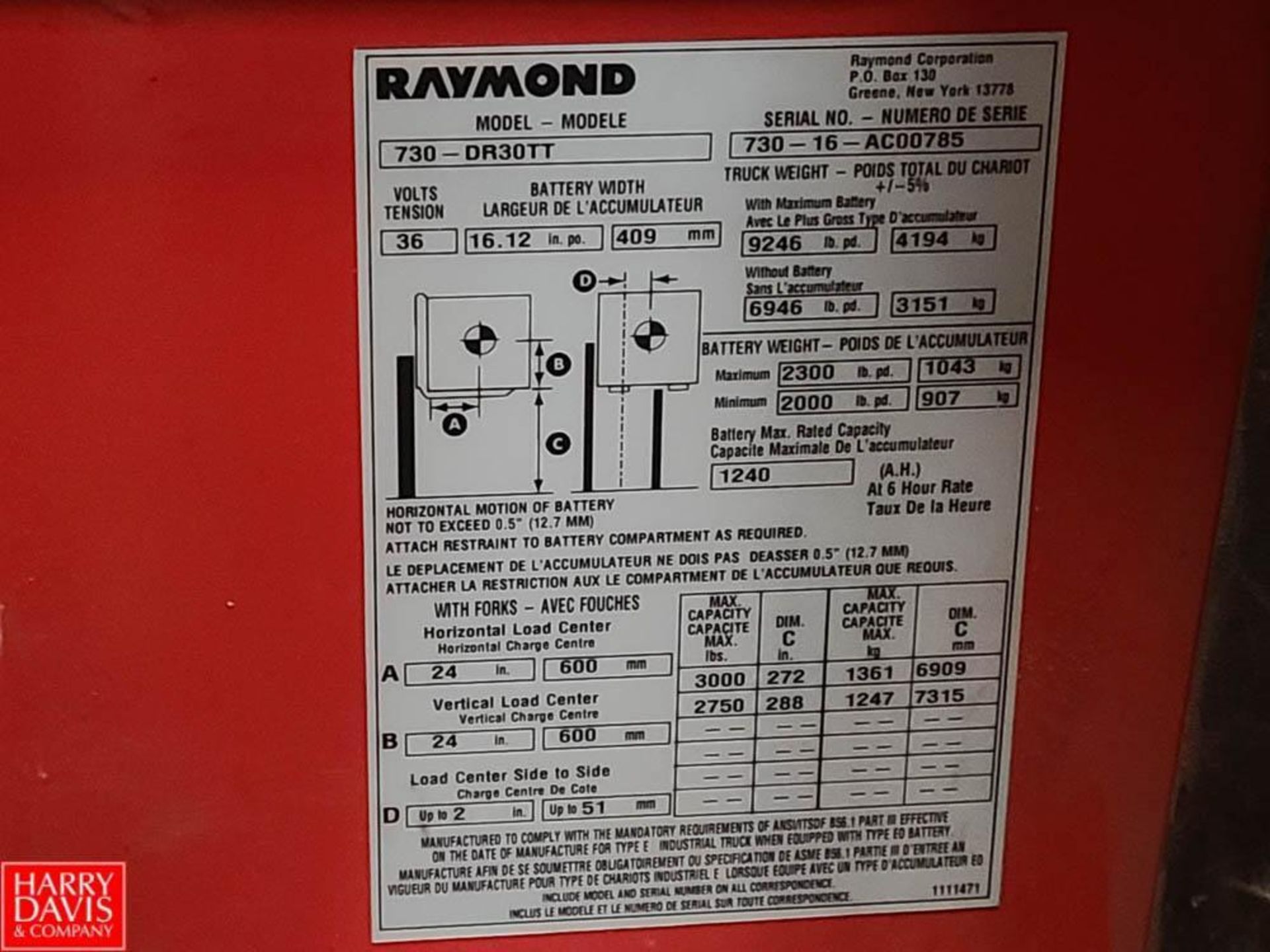 2016 Raymond 3,000 LB (1,360 Kg) Capacity 3-Stage Side-Shift Reach Truck, Model: 730-DR30TT - Image 4 of 6