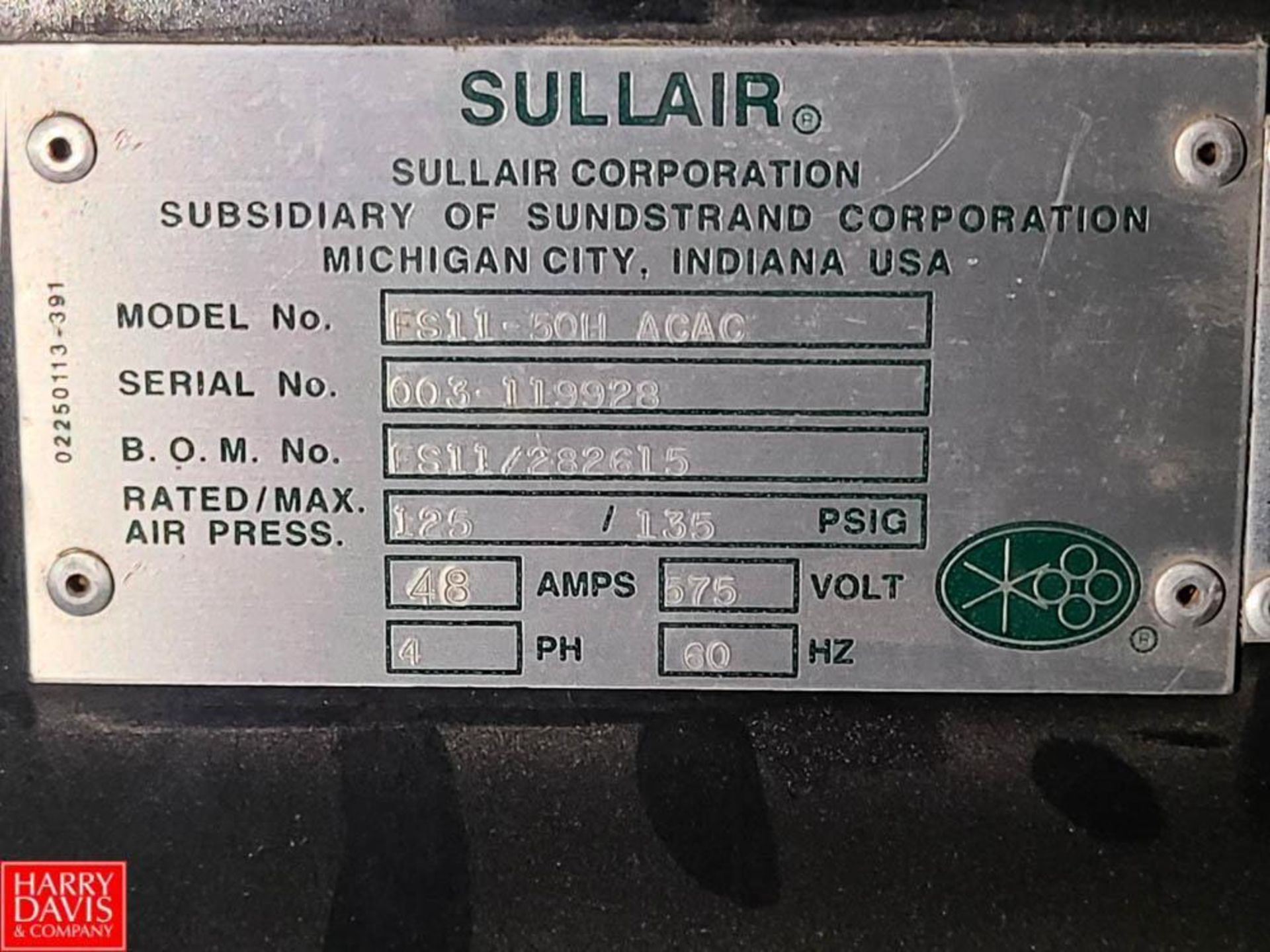 Sullair Air Compressor, Model: ES-11-50H ACAC, S/N: 003-119928 - Rigging Fee: $500 - Image 4 of 4