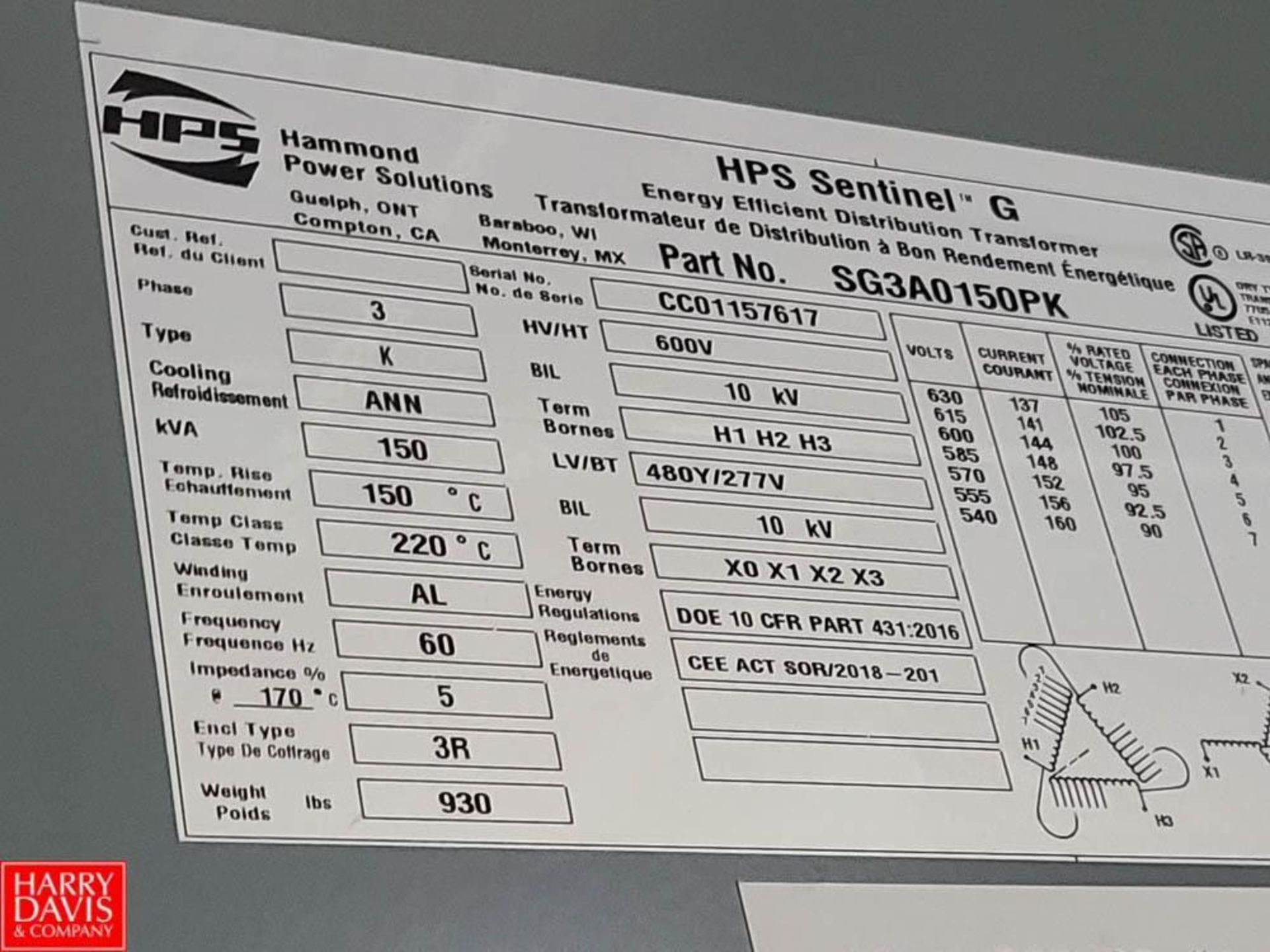 HPS 3-Phase 600V, 150 KVA Transformer - Rigging Fee: $350 - Image 2 of 2