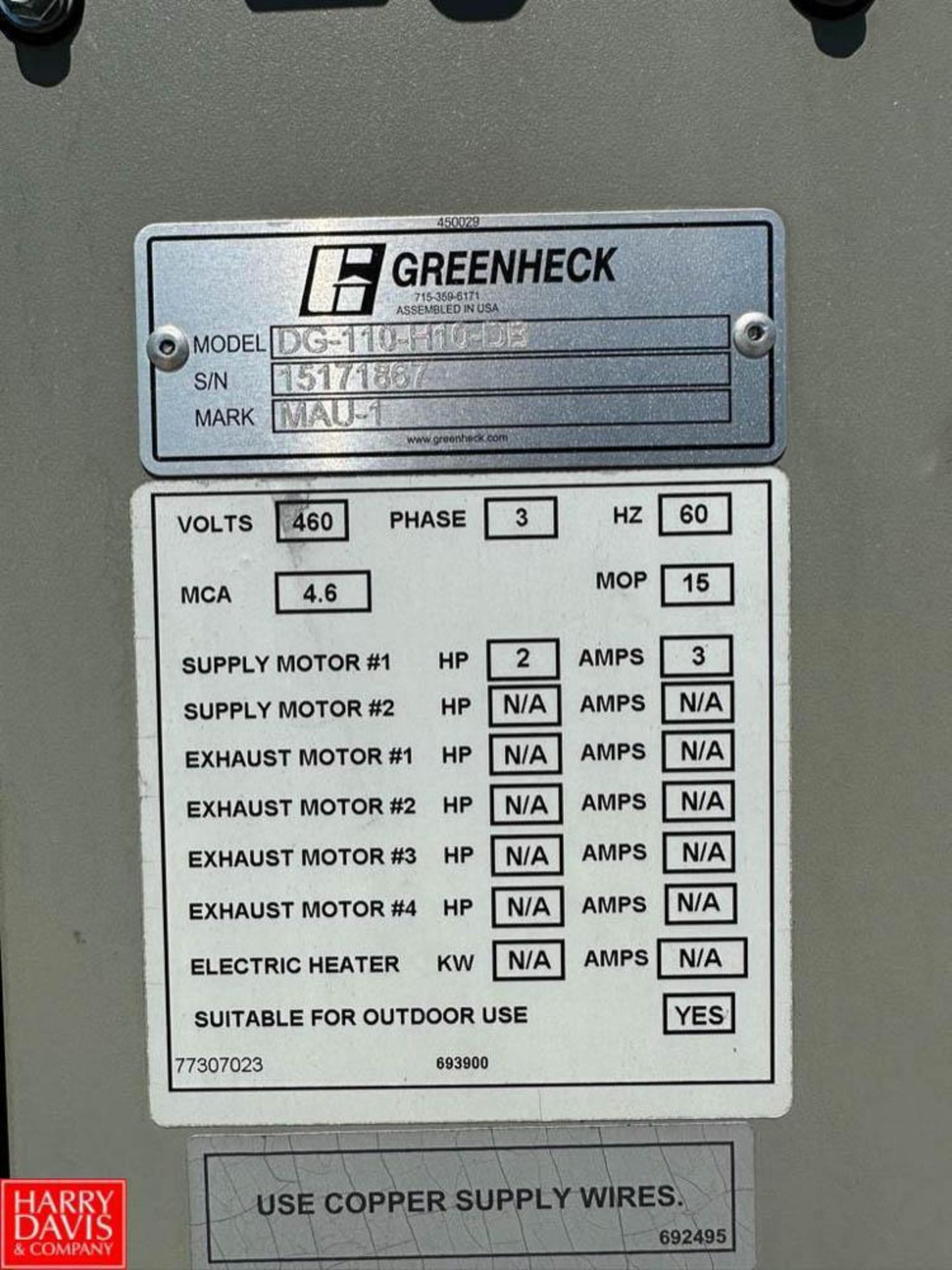 Greenheck Direct Gas-Fired Make-Up Air Unit, Model: DG-110-H10-DB, S/N: 15171867 - Image 2 of 2