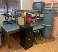 (4) Tables, Computer Monitor, Air Purifier, (2) Trash Containers, TV with VCR and Stand, Filing Cabi