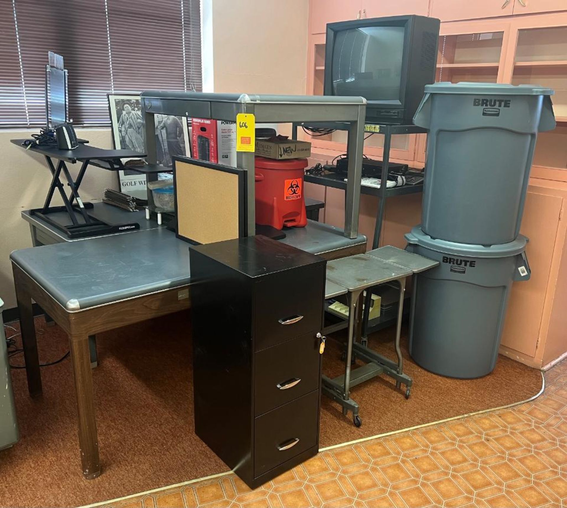 (4) Tables, Computer Monitor, Air Purifier, (2) Trash Containers, TV with VCR and Stand, Filing Cabi