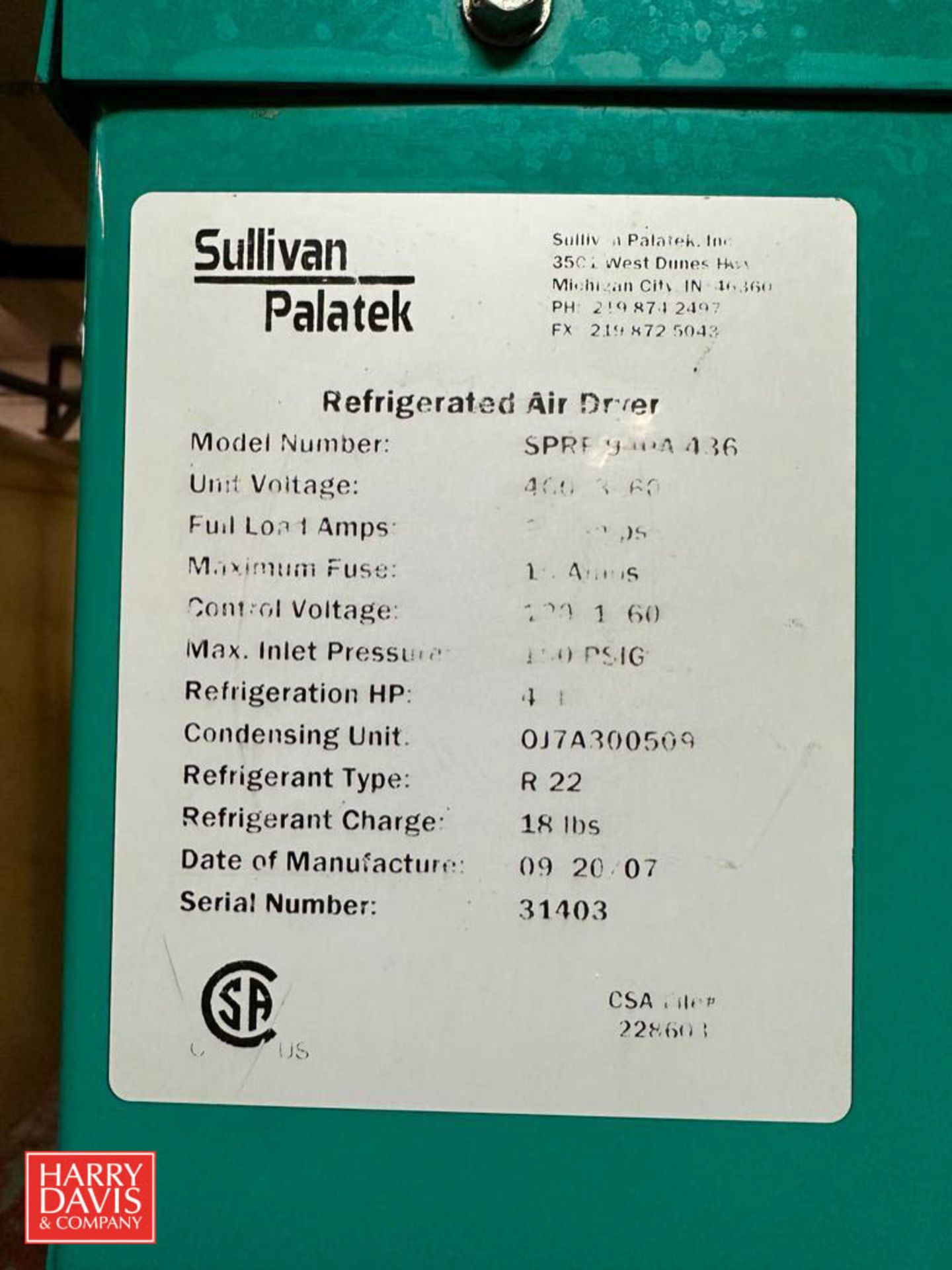 Sullivan Palatek Refrigerated Air Dryer, Model : SPRF140A436, S/N: 31403 - Rigging Fee: $600 - Image 2 of 2
