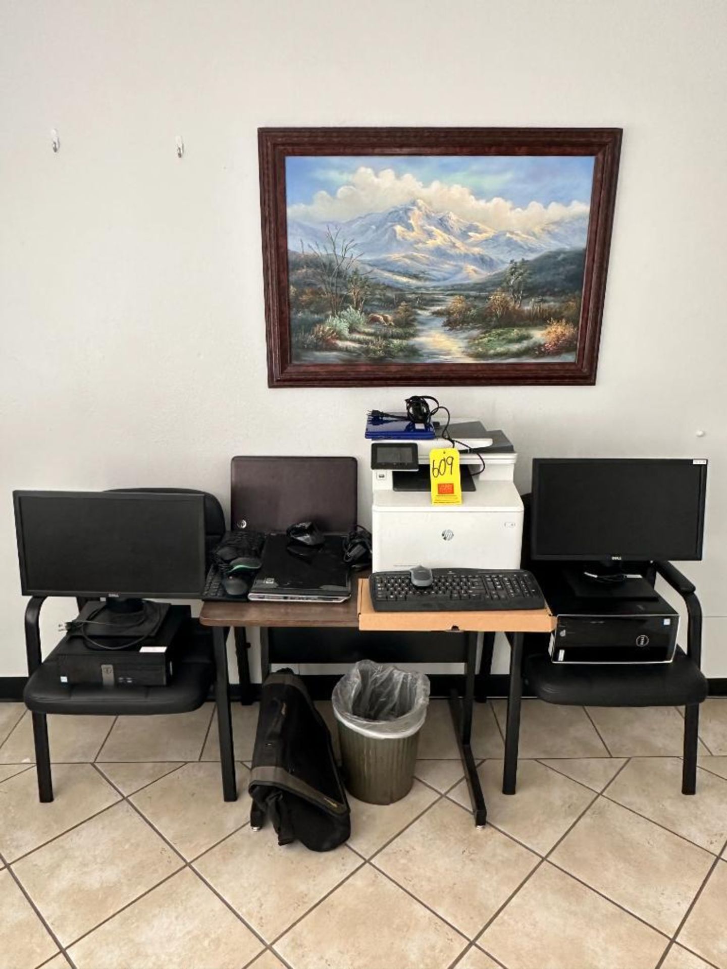 Desk, (2) Chairs, Printer, (3) Laptops, (2) Computer Monitors, (2) Desktop Computers, Computer Bag,