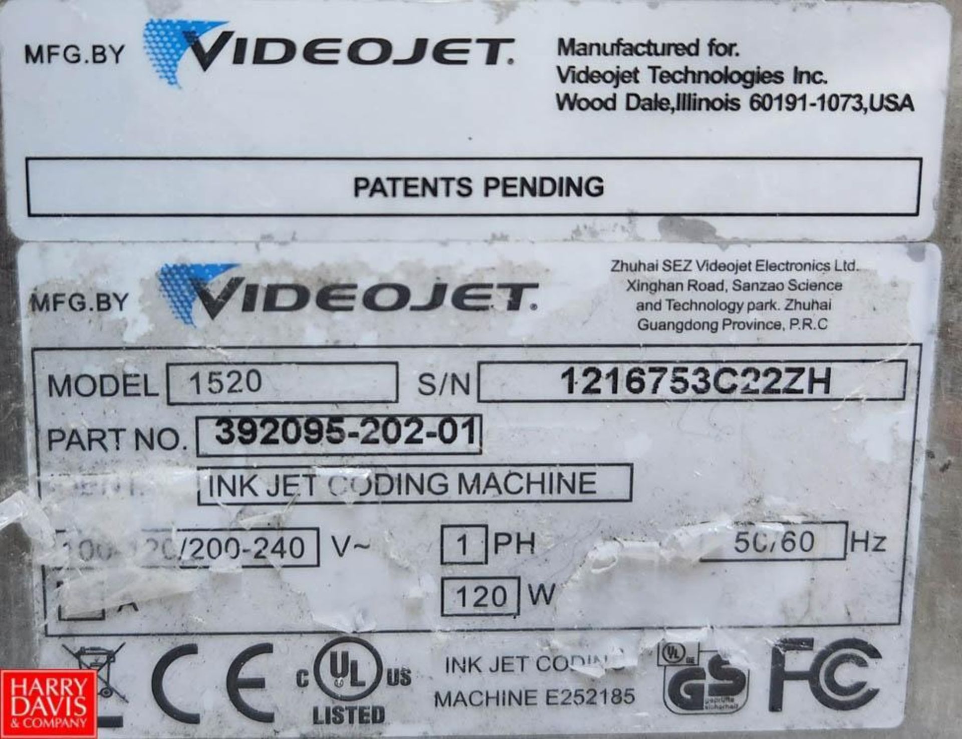 Videojet Ink Jet Coder, Model: 1520, S/N: 1215537C222H, Including: Side Grip Cup Transfer with Print - Image 3 of 3