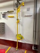 Bradley Eye Wash and Shower Station, Suncast Wall Mounted Poly Cabinet with Nitrile Gloves, Scale