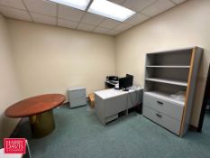 (2) L-Shape Desks, Bookcase, Round Table, Chair, Side Cabinet, Monitors and Power Supply