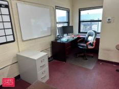 (2) Desks with Drawers, (3) HP Monitors, Keyboards, Cabinet, Filing Cabinet, (2) Tables, (2) Chairs